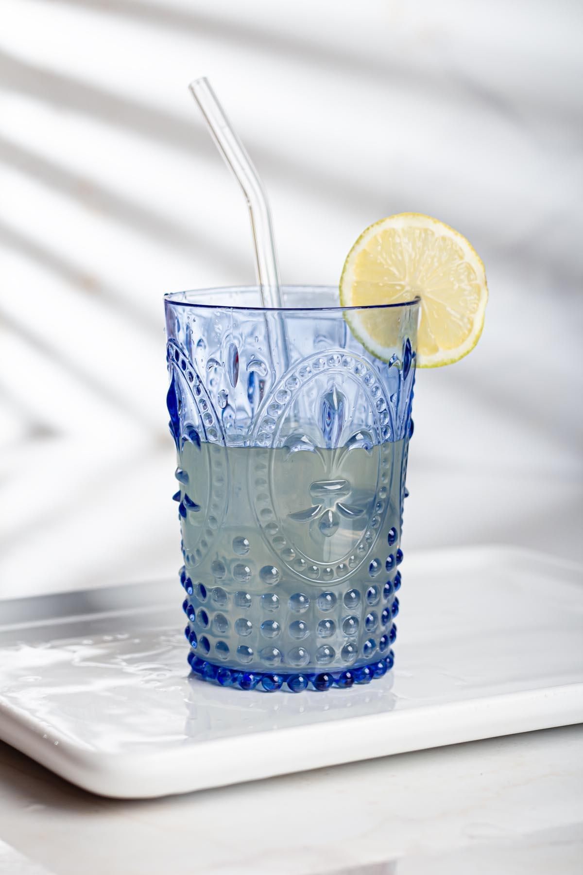 Shop58 Akrilik Mavi Tekli Kısa Bardak & Su Meşrubat Kahve Yanı Bardağı 400 ml ( Cam Değildir )