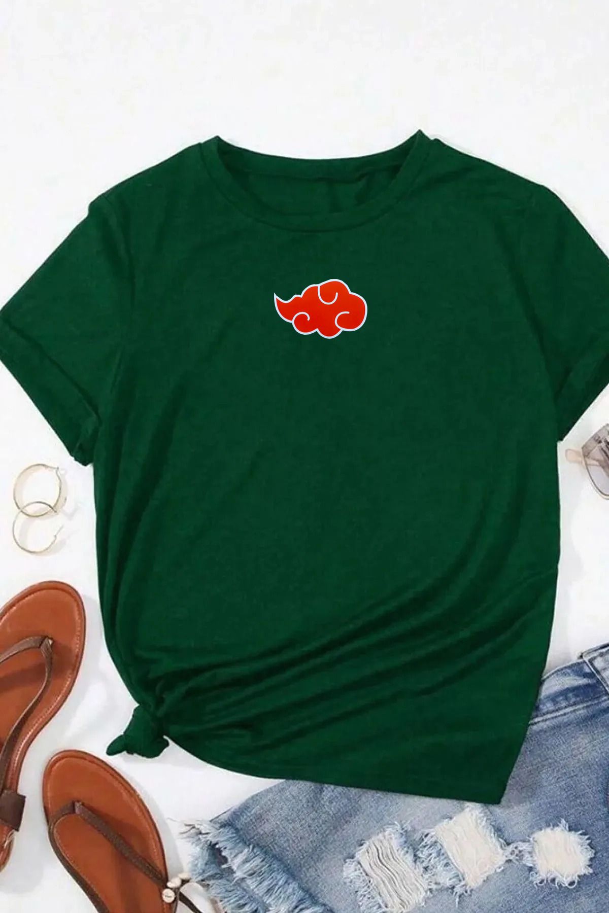 qavnas Unisex Ninja Akatsuki Anime Baskılı Rahat Kesim Yeşil T-Shirt