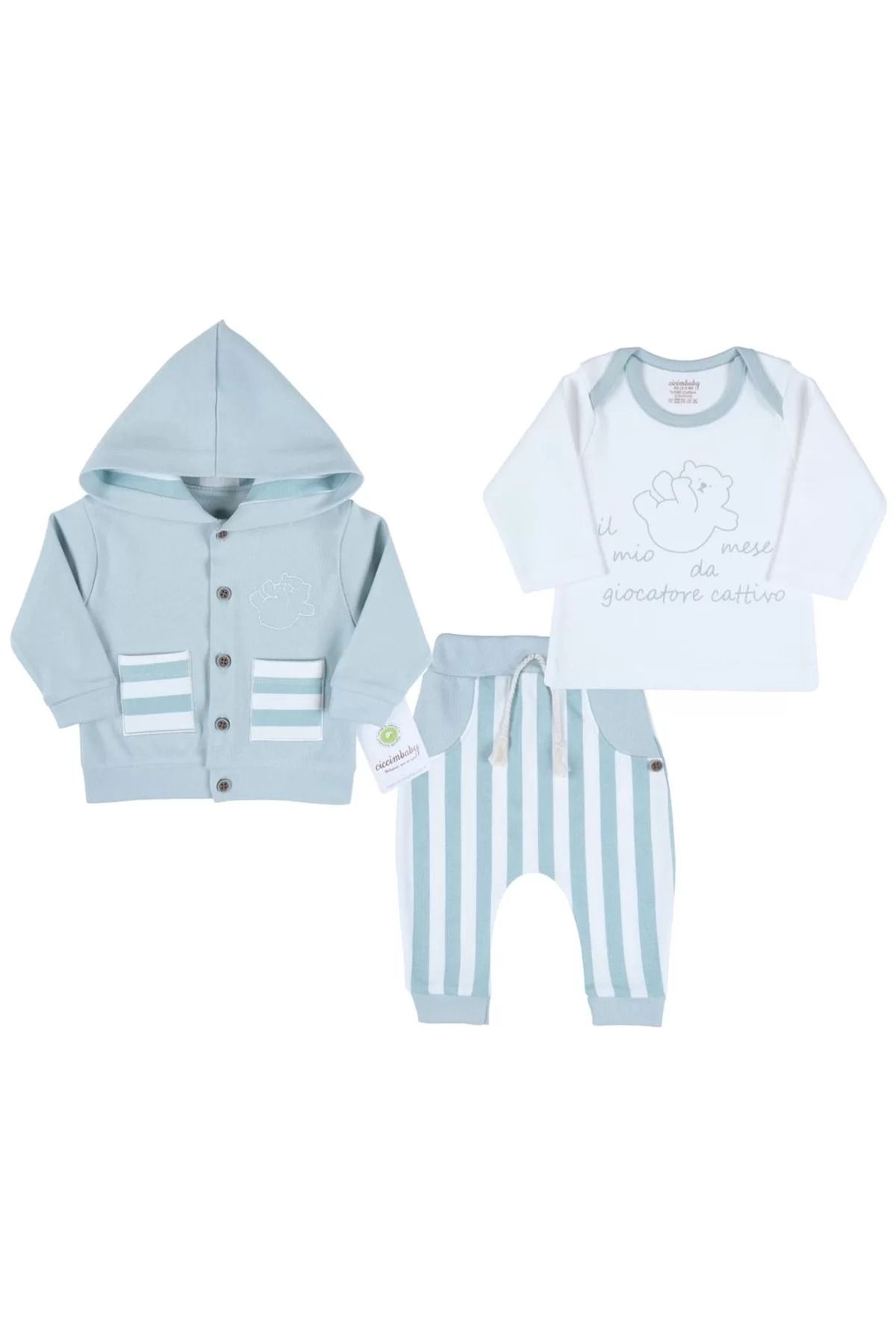 Shop58 Ayıcık Nakışlı Hırkalı % 100 Pamuk Erkek Bebek Takım