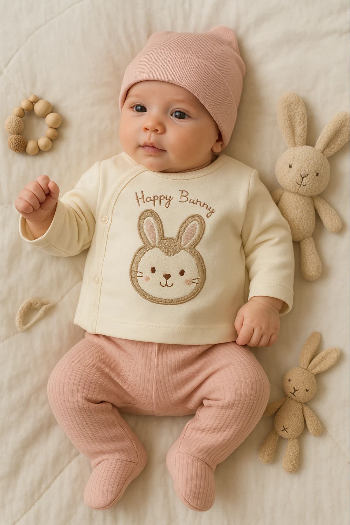 HAVUÇ BEBEK Babycan Süzene Tavşan Nakışlı Şapkalı 3’lü Bebek Zıbın Set