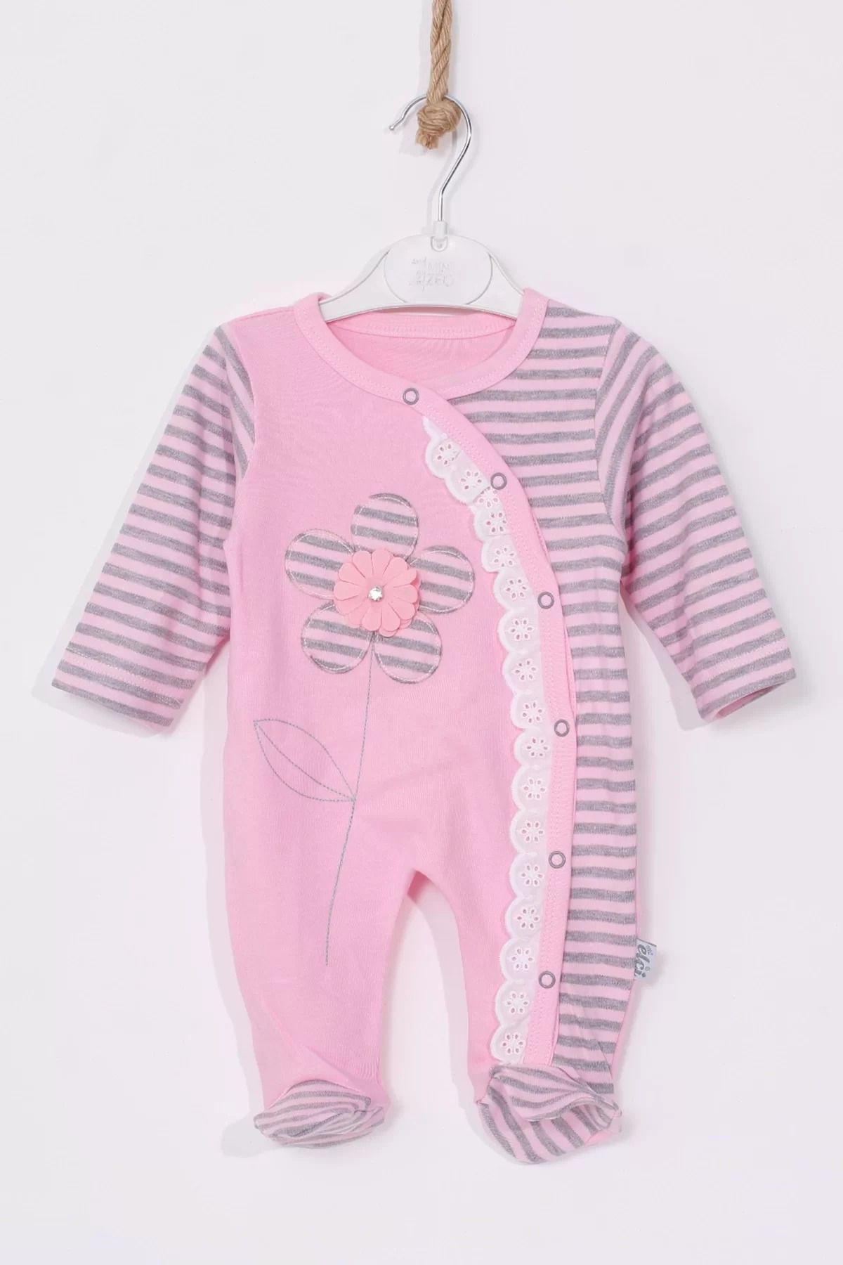 Shop58 Çiçek Nakışlı % 100 Pamuk Ayaklı Kız Bebek Tulumu