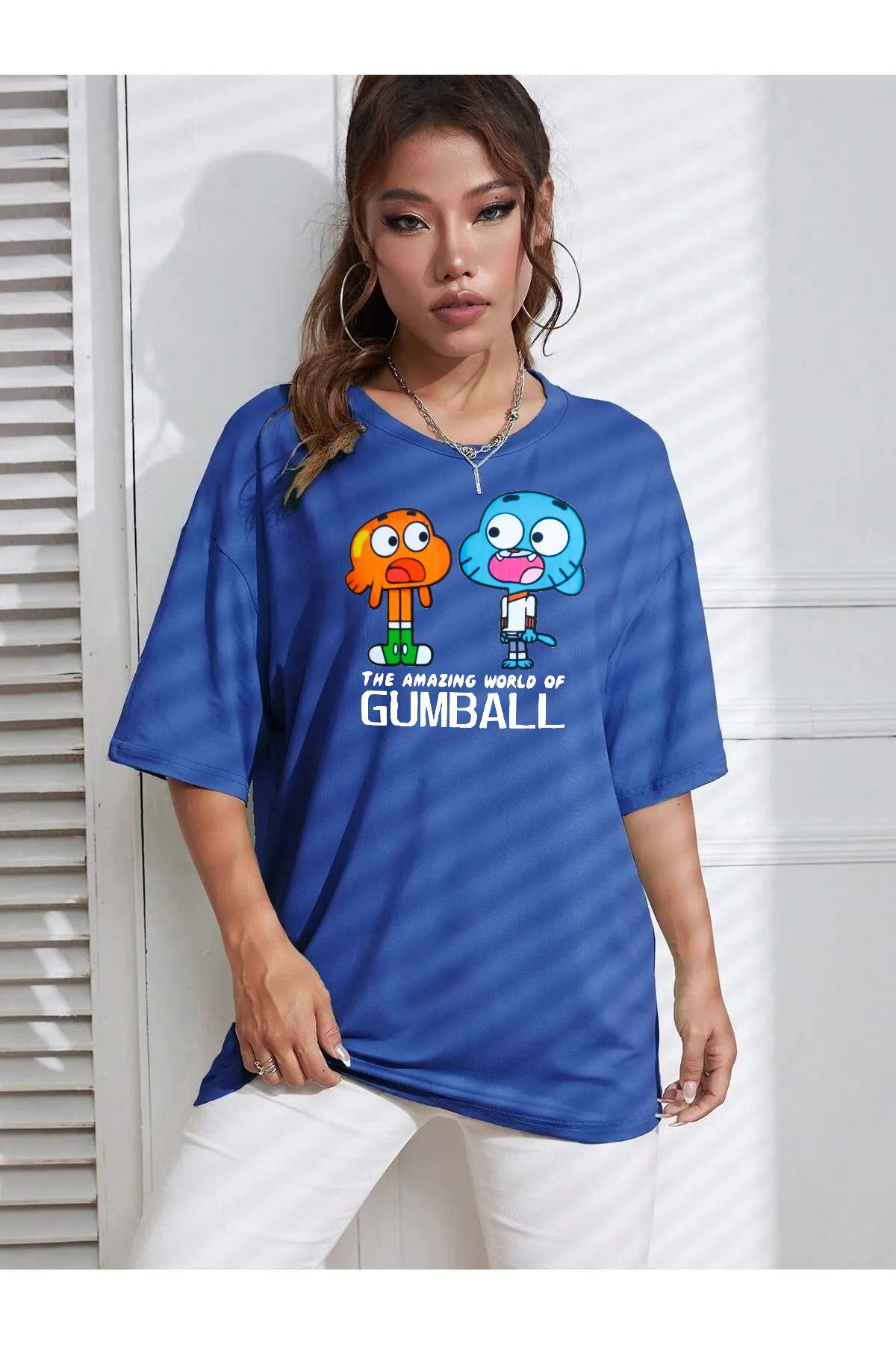 qavnas Unisex Gumball Baskılı Rahat Kesim Sax-Mavi T-Shirt