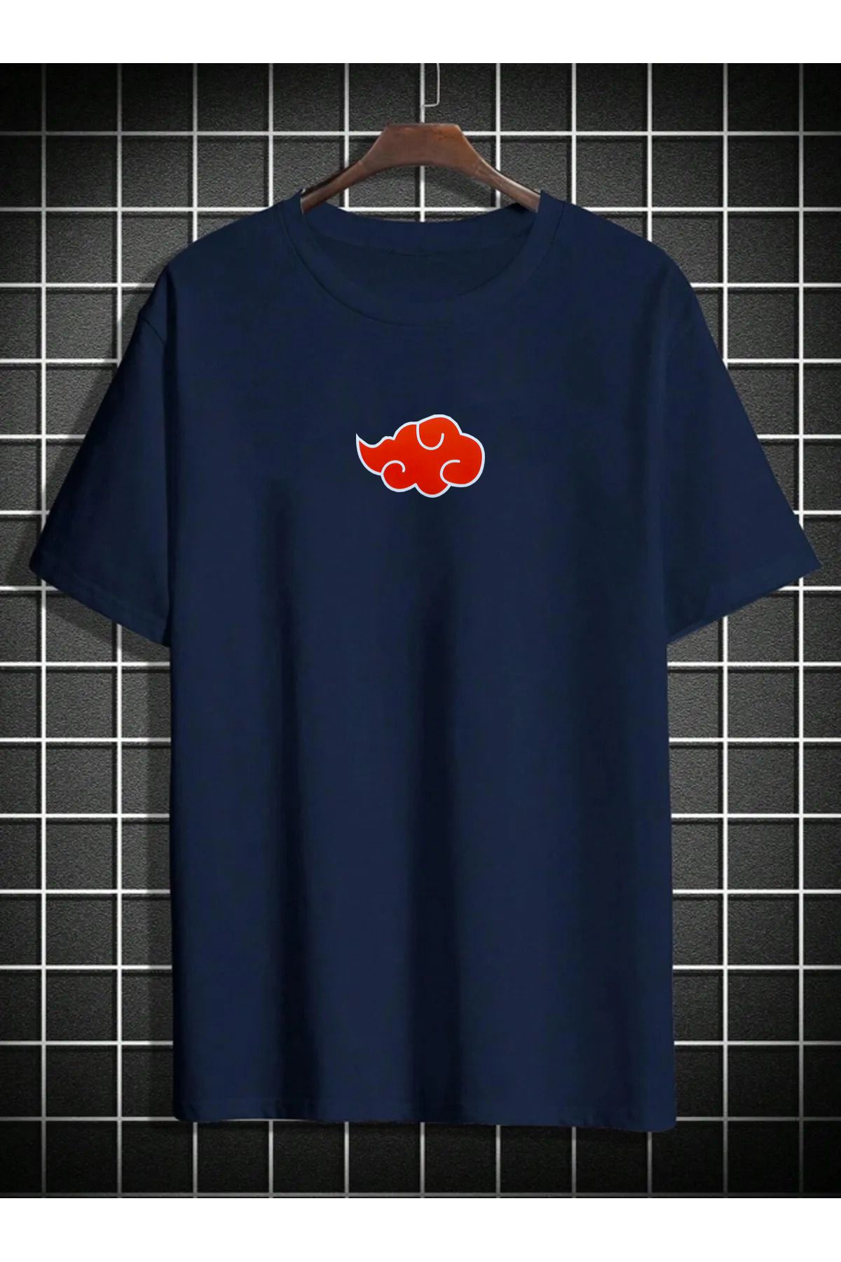 qavnas Unisex Ninja Akatsuki Anime Baskılı Rahat Kesim Lacivert T-Shirt