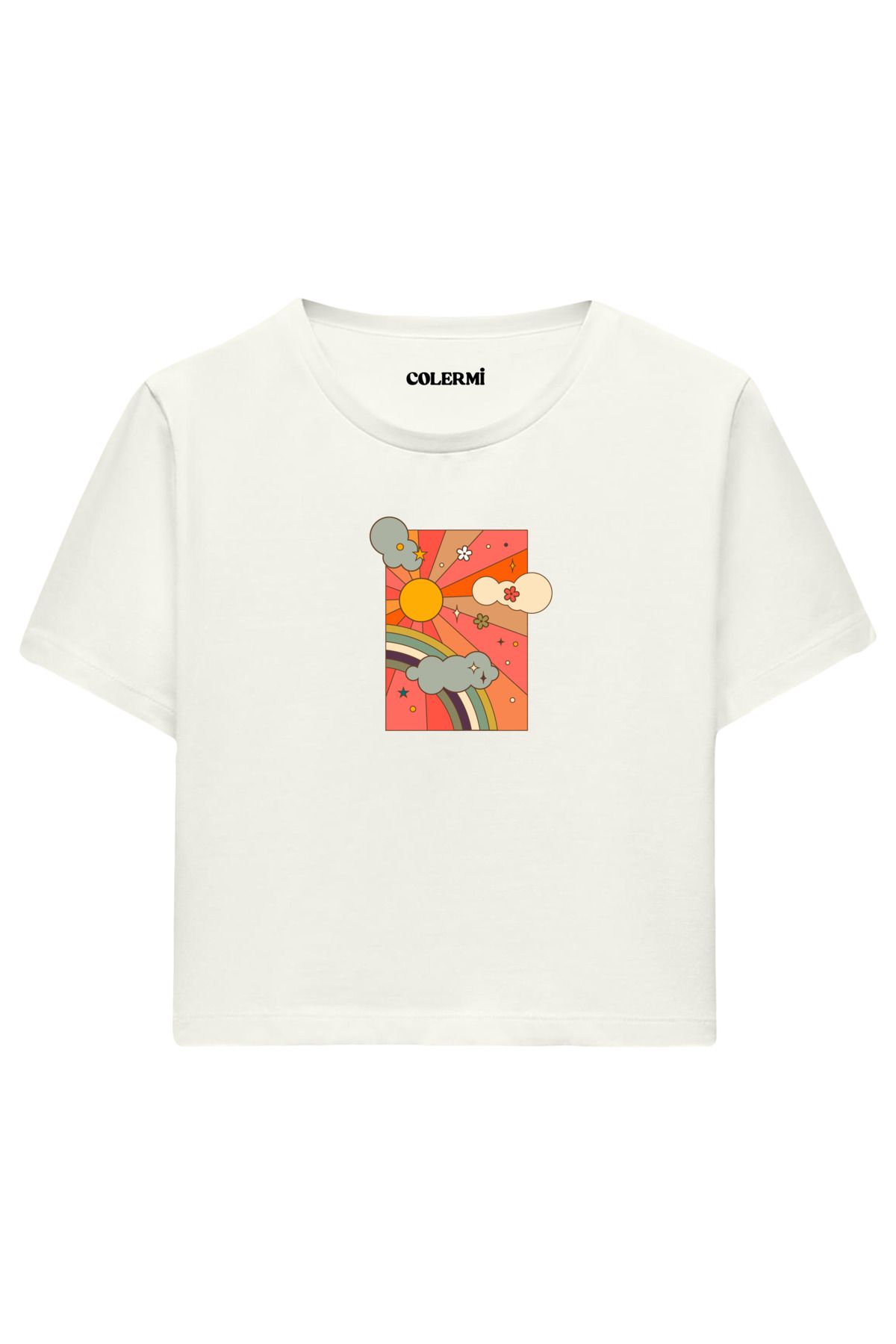 Colermi Retro Güneş ve Gökkuşağı Desenli %100 Pamuk Kadın Crop Tshirt
