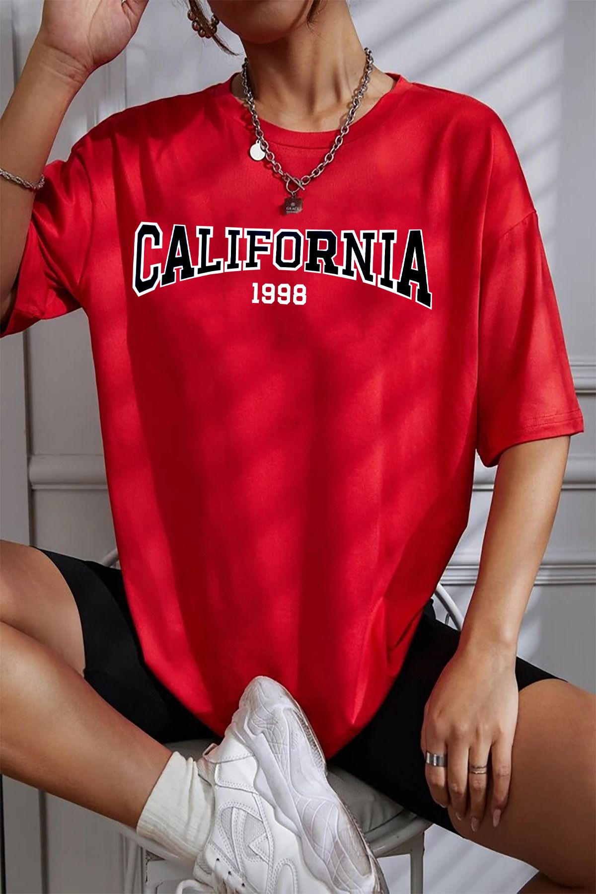 memowear Unisex CALIFORNIA 1998 Baskılı Rahat Kesim Kırmızı T-Shirt
