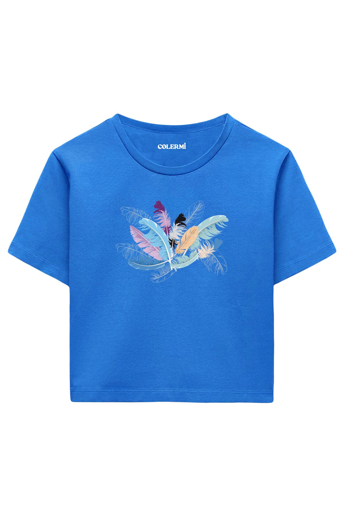 Colermi Pastel Renkli Tüy Desenli %100 Pamuk Kadın Crop Tshirt