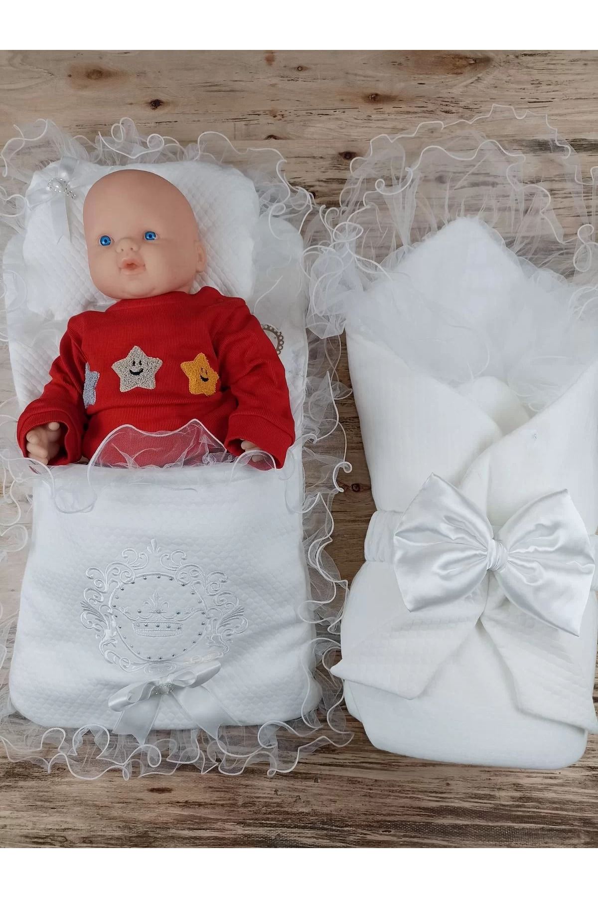 Shop58 Yenidoğan Bal Peteği Taç Nakışlı Kundaklı Trilüks 3lü Alt Açma Seti