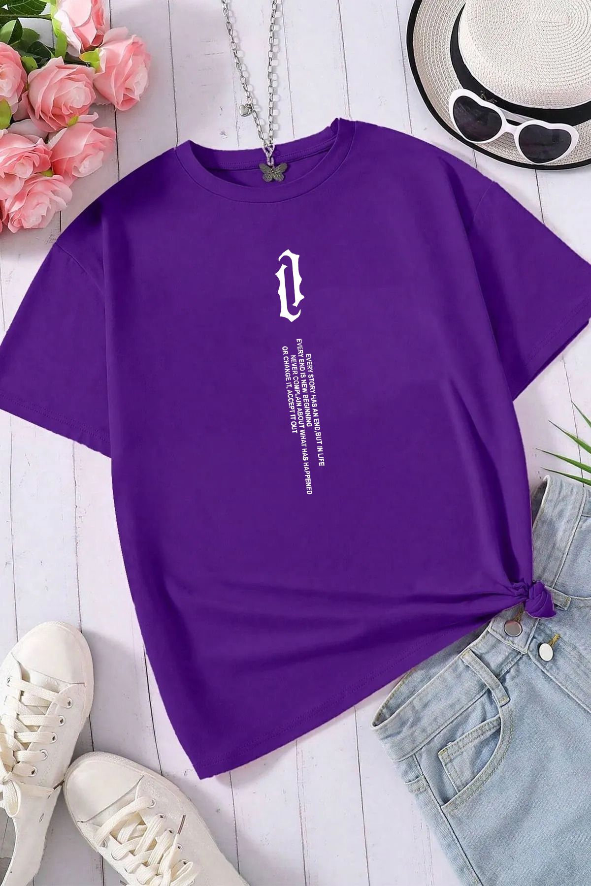 qavnas Unisex Story Baskılı Rahat Kesim Mor T-Shirt