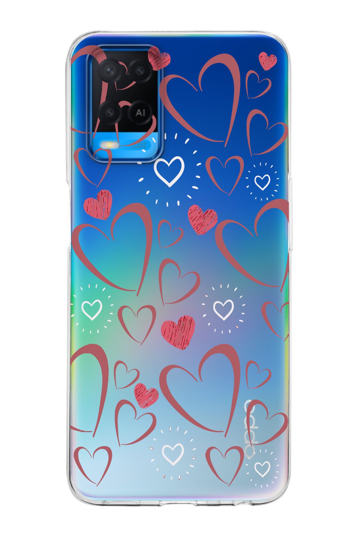 moonset Oppo A54 Uyumlu Kalpler Tasarımlı Baskılı Şeffaf Telefon Kılıfı