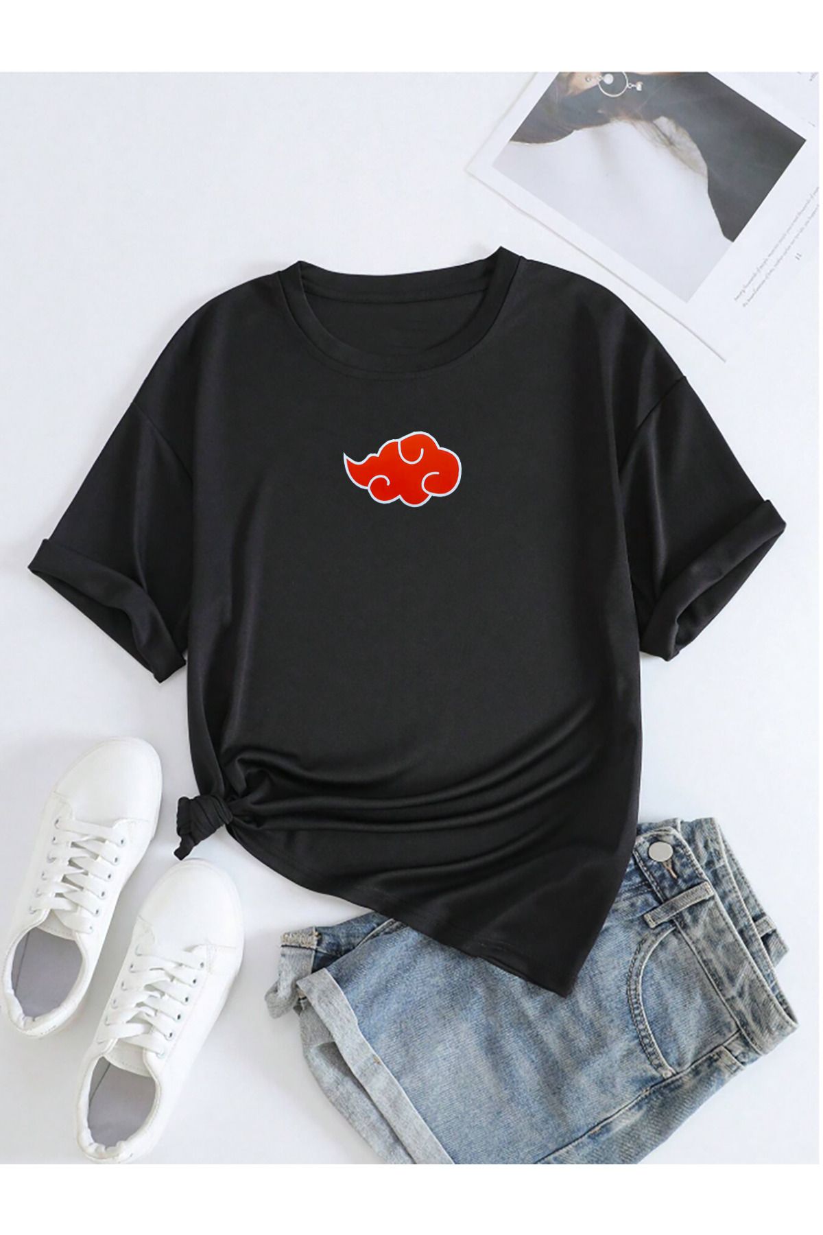 qavnas Unisex Ninja Akatsuki Anime Baskılı Rahat Kesim Siyah T-Shirt