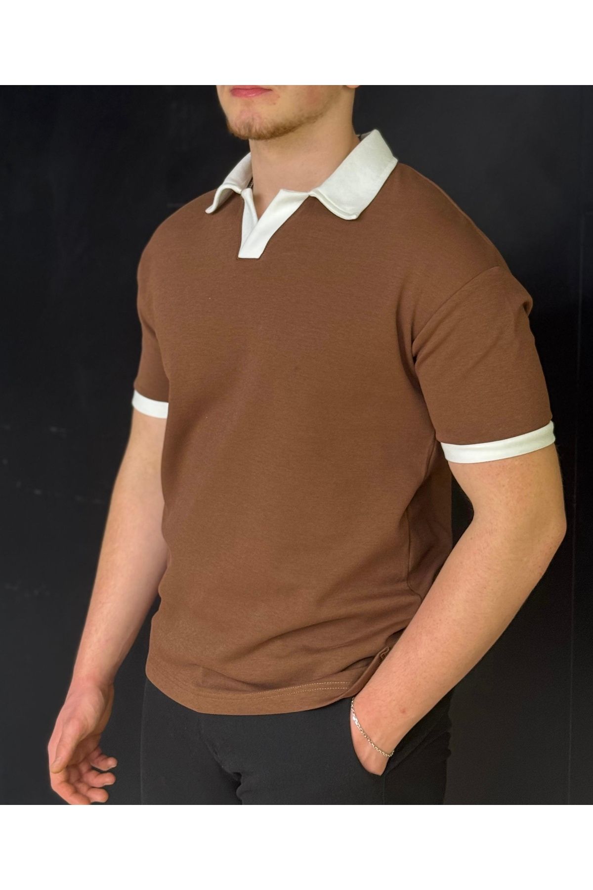 Alpha star Doubleface polo yaka granili oversize tişört düz