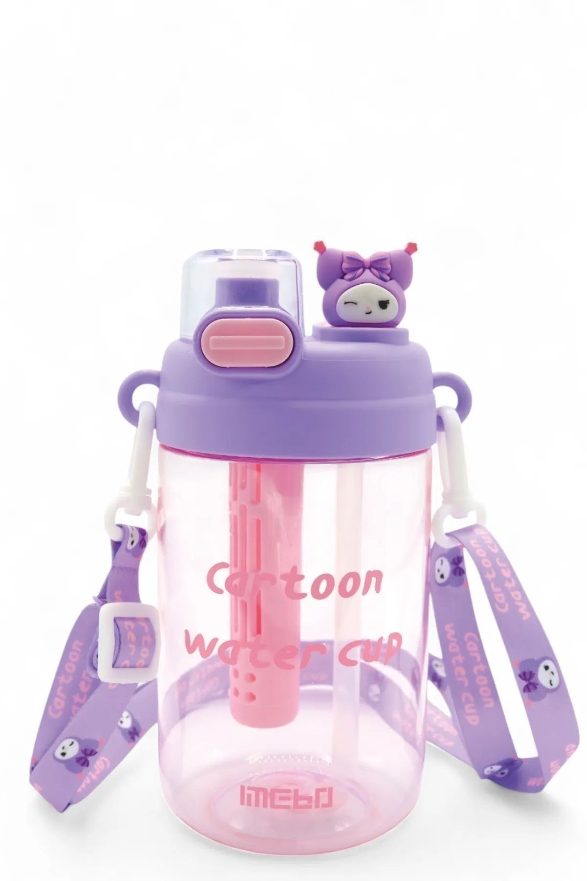 EyER Shoping Kuromi Çizgifilm Karakterli Çocuk Suluğu - Askılı Çift Kapaklı Kuromi Figürlü Pipetli Matara 750ml M