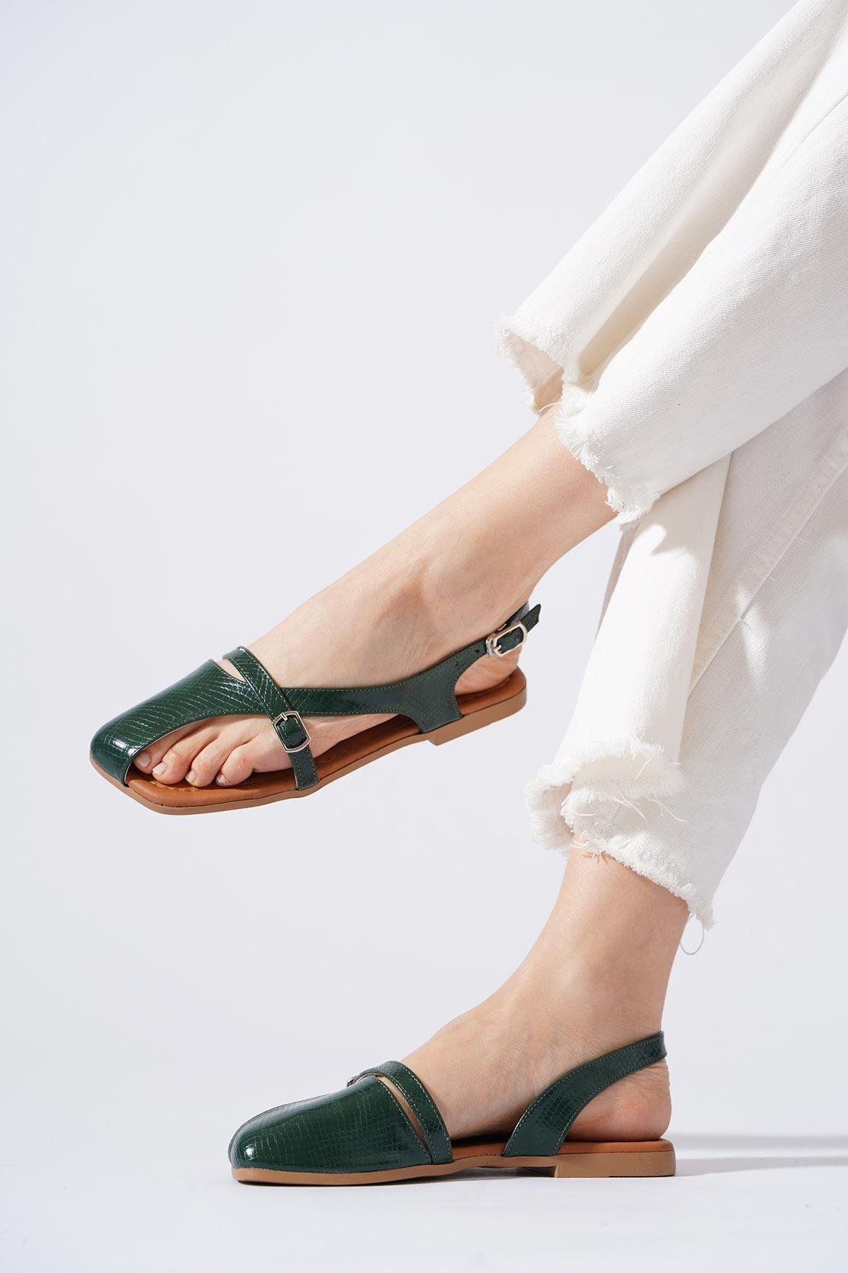 Moda Pie Hayes Parmak Dekolte Kadın Sandalet Yeşil Yılan
