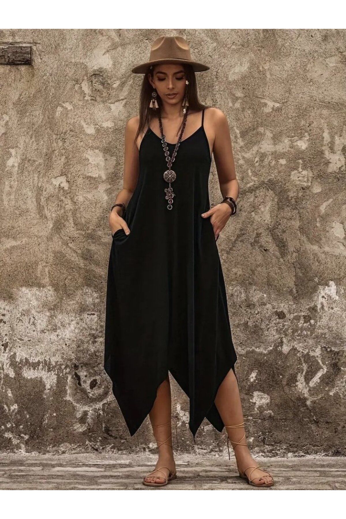 MODA Kadın askılı v yakalı cep detaylı asimetrik kesim detaylı viskon elbise (Büyük Bedenleri Mevcuttur)