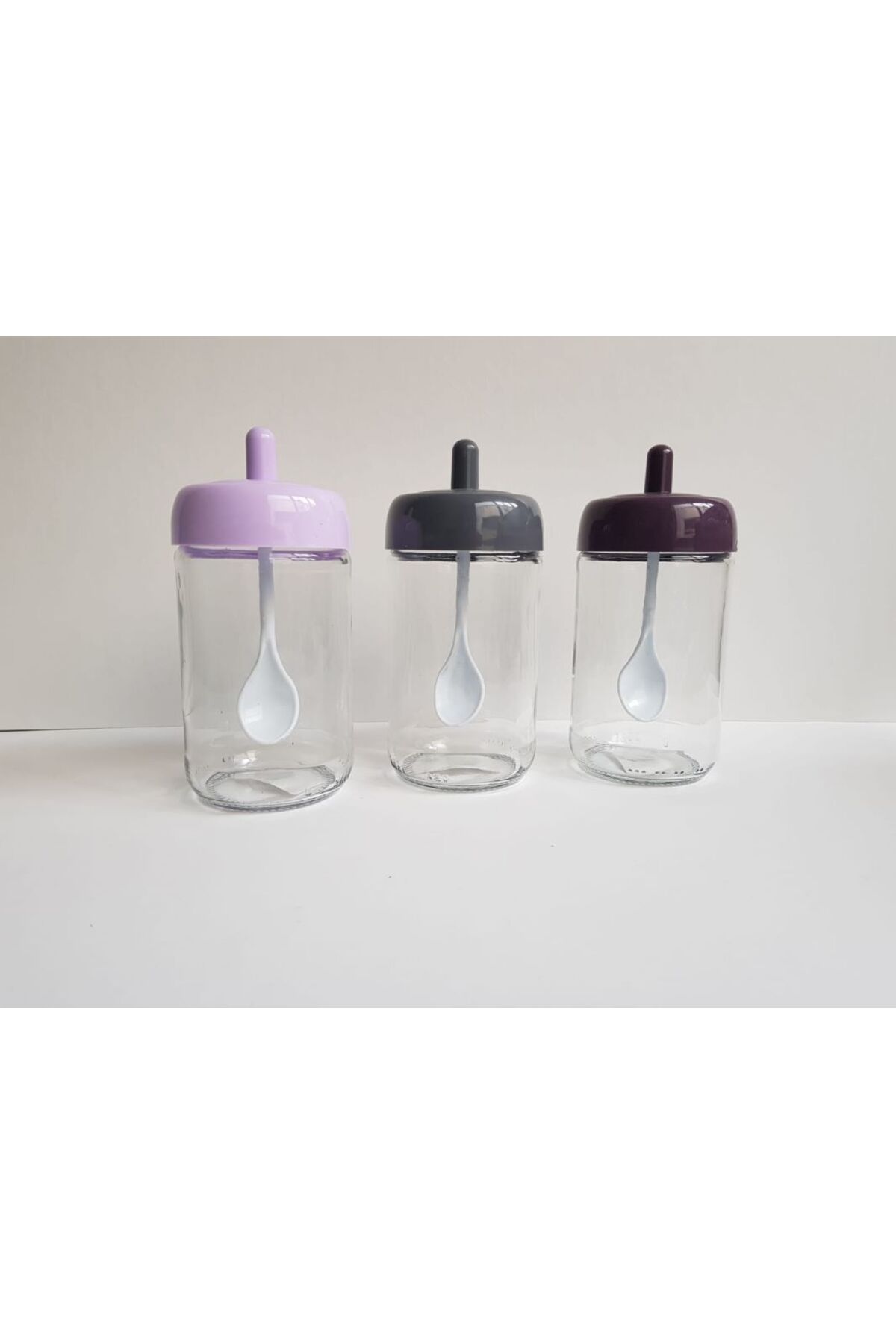 abenim 3 Adet Kendinden Kaşıklı Baharatlık Seti - 330 ml - Cam Kavanoz (LİLA-GRİ-MOR)