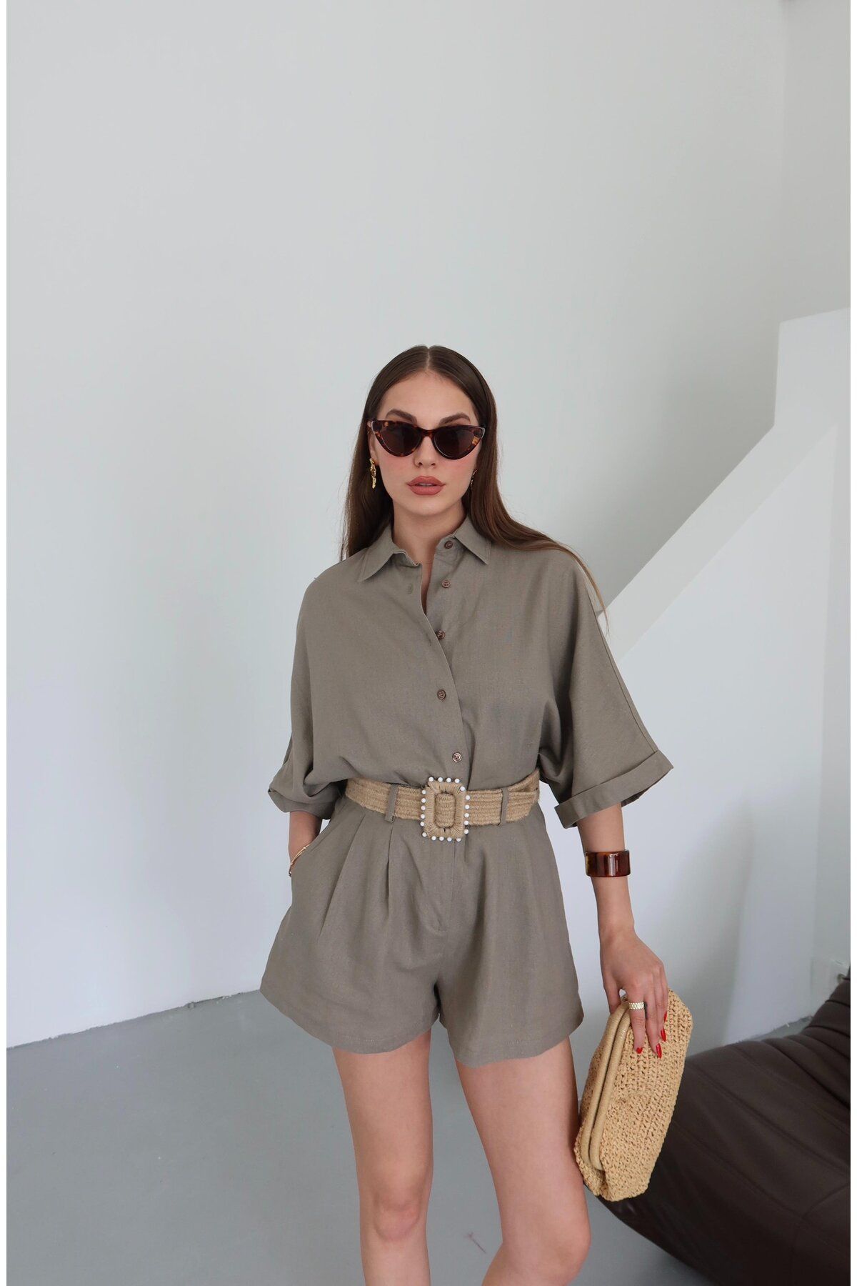 Lady Pixie Hasır Kemerli Gömlek Şort Takım