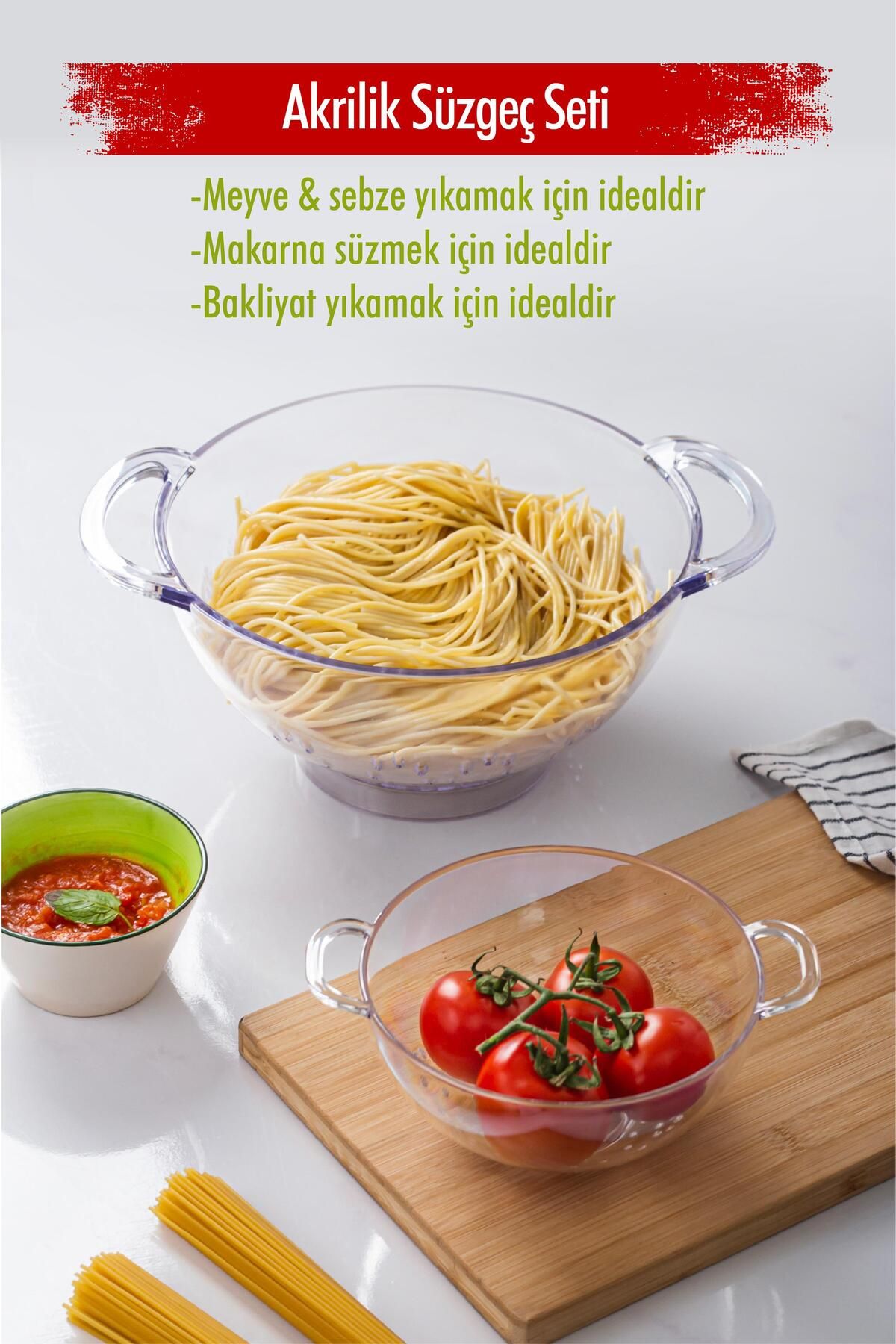 Shop58 Akrilik Şeffaf 2 Li Süzgeç Seti ( Makarna & Pirinç Süzgeci )