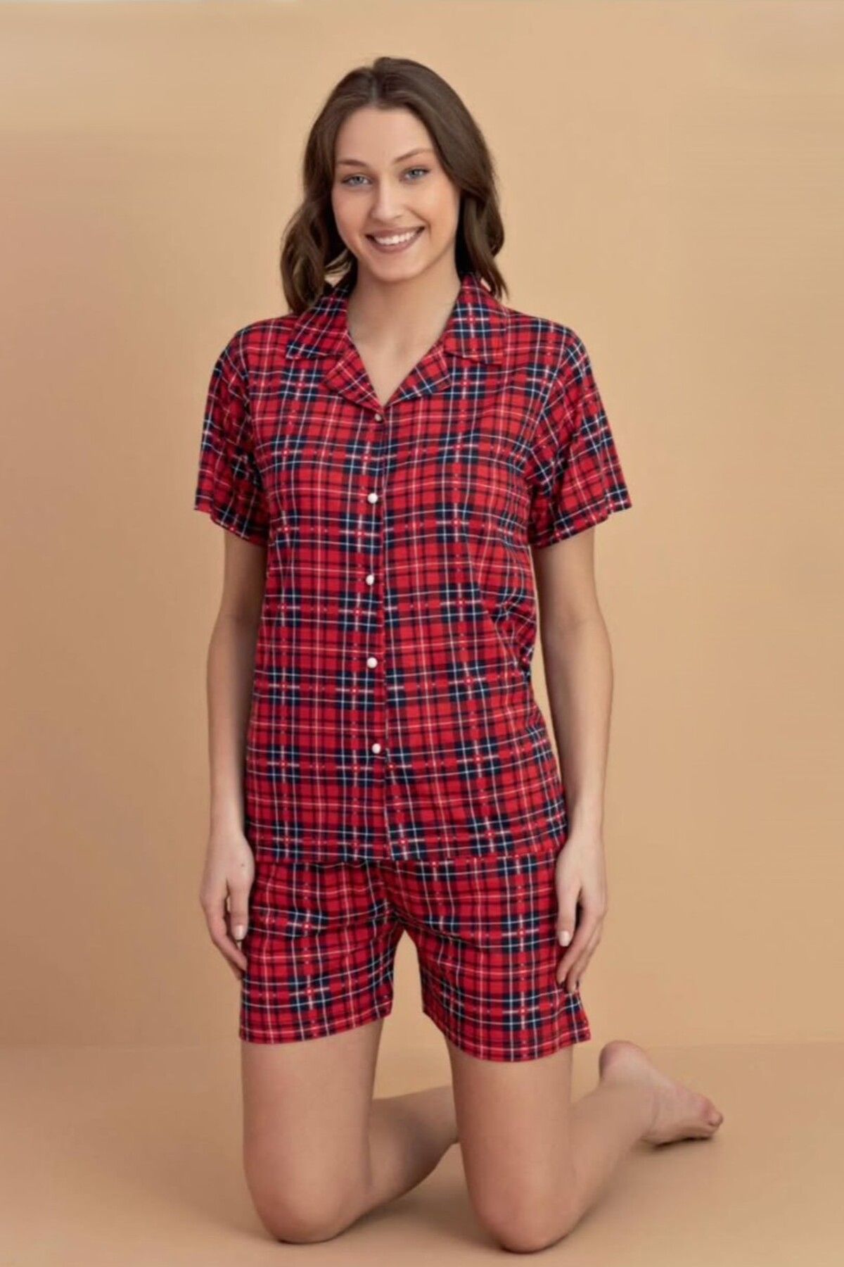 AyCaTa Kadın Gömlek Yaka Düğmeli Kırmızı Ekose Kısa Kollu Şortlu Pijama Takımı