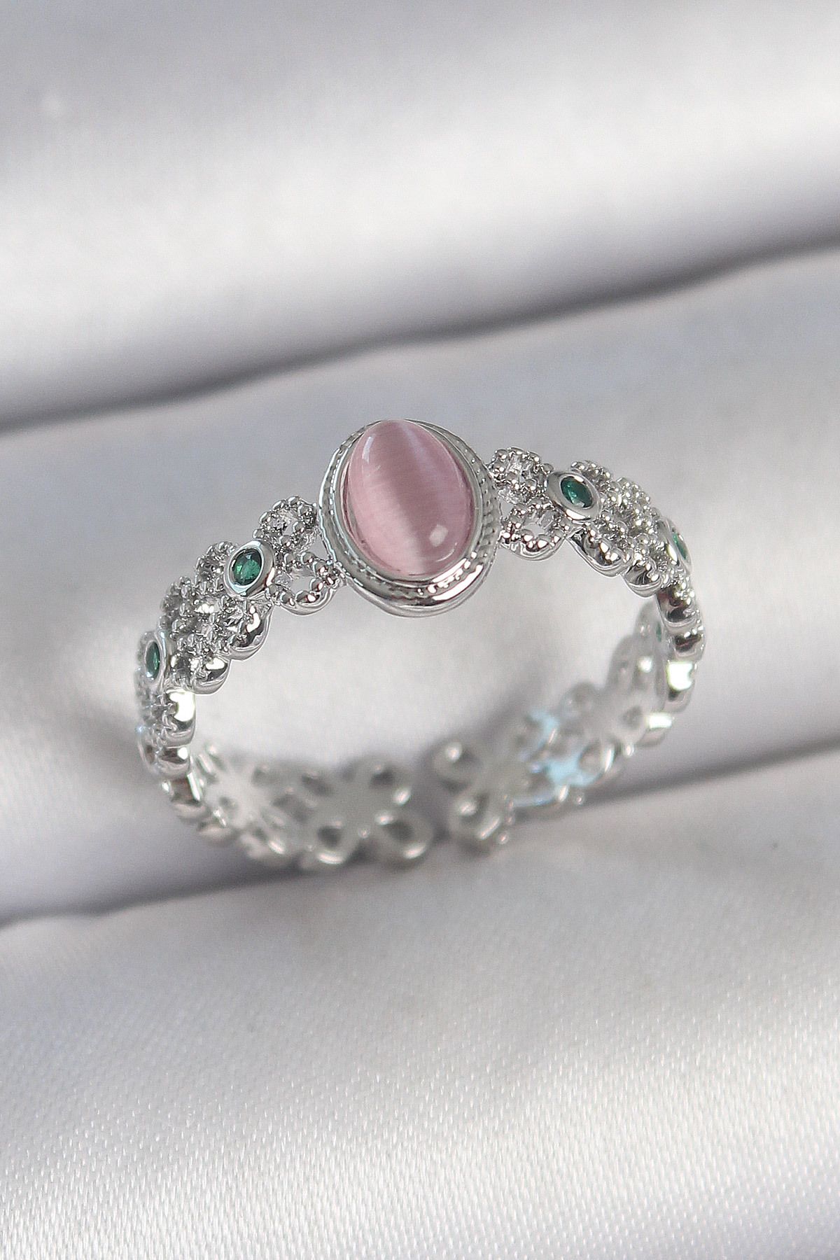 STYLE OF CARMEN Pirinç Gümüş Renk Zirkon Taş Detaylı Pembe Mineli Damla Model Ayarlanabilir Kadın Yüzük