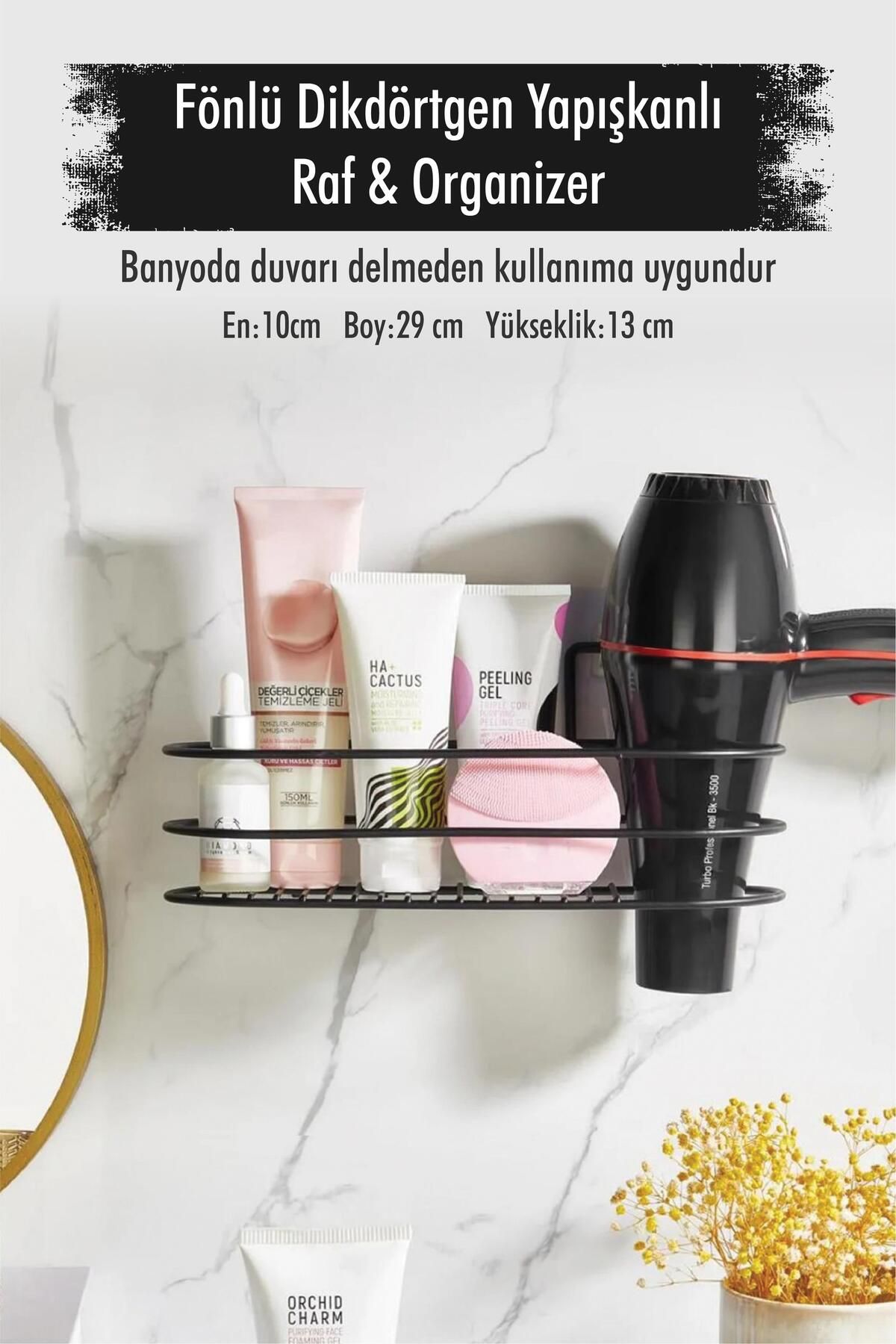 Shop58 Paslanmaz Çelik Yapışkanlı Fönlü Duvar Rafı & Organizer & Banyo Duş Askısı