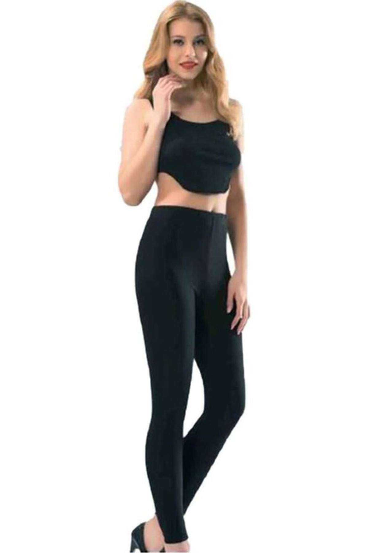 Shop58 Kota Kadın Uzun Paça Katlamalı Likralı Sporcu Düz Tayt Siyah 4000