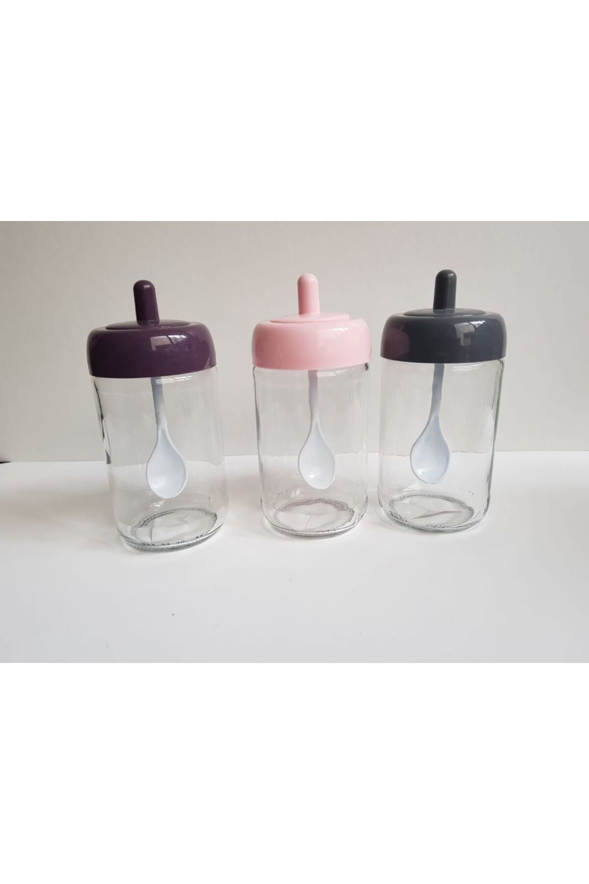 abenim 3 Adet Kendinden Kaşıklı Baharatlık Seti - 330 ml - Cam Kavanoz (Pembe-Gri-Mor)