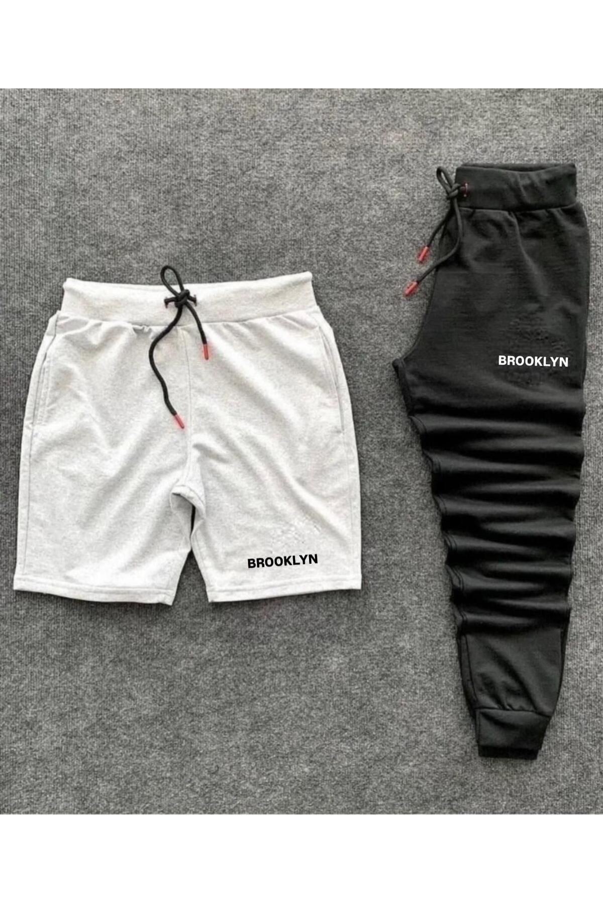 woonkey UNISEX SİYAH VE GRİ BASKILI BEL LASTİKLİ EŞOFMAN ŞORT 2 'Lİ TAKIM