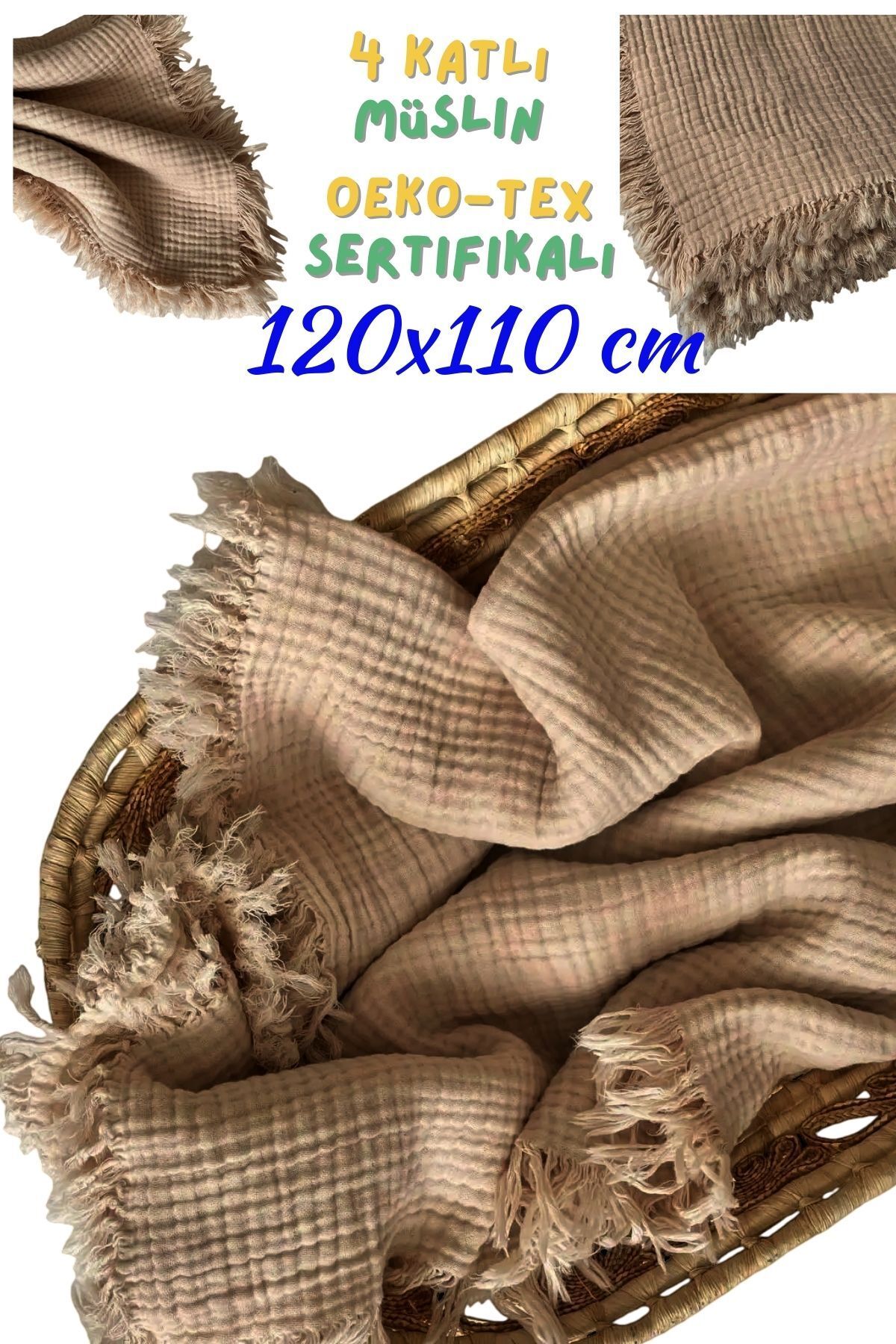 Armashine Müslin 4 Katlı Bebek Battaniyesi Büyük Boy - Dört Katlı Orj Saçaklı Doğal Organik Pamuk 120cmX110cm