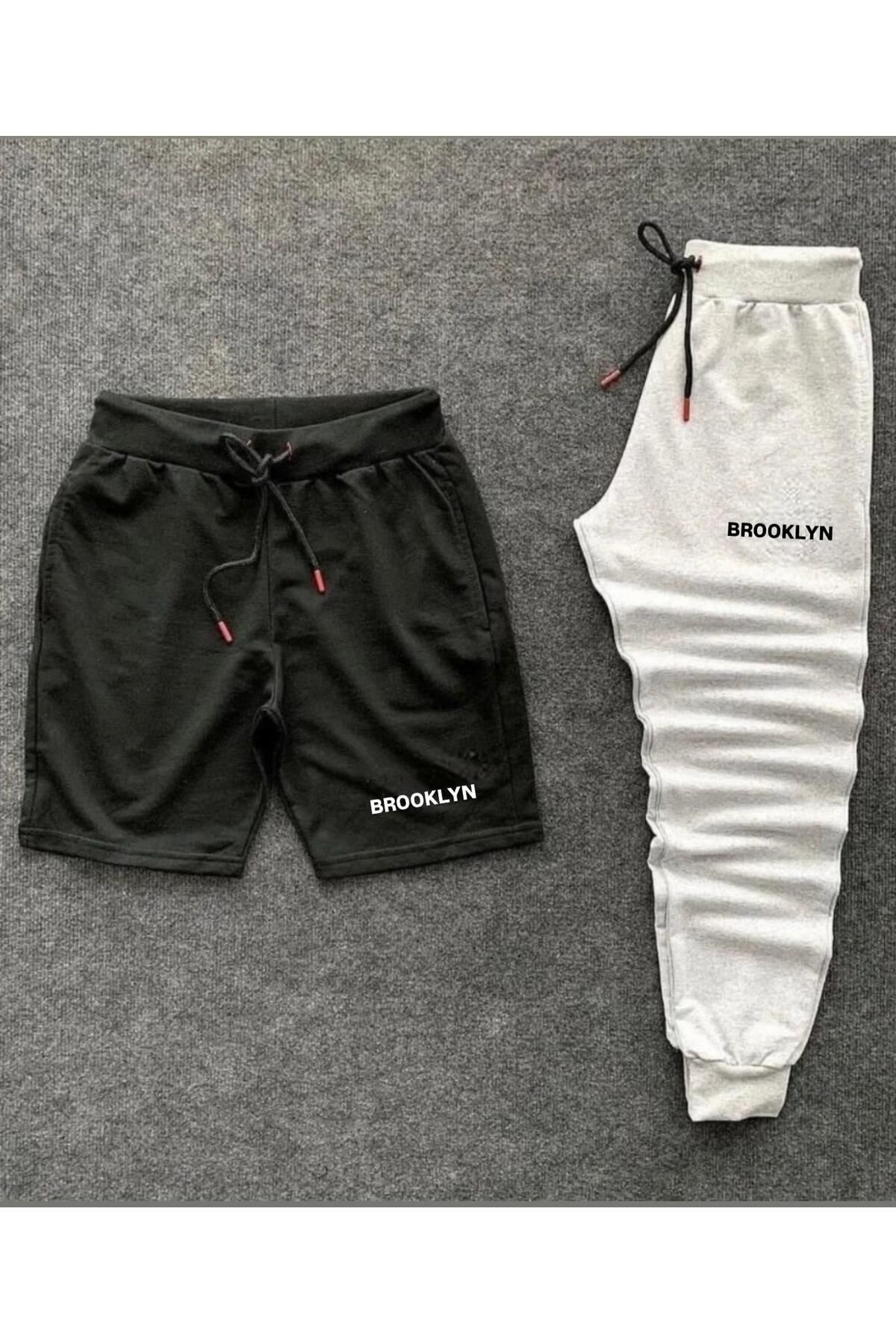 woonkey UNISEX SİYAH VE GRİ BASKILI BEL LASTİKLİ EŞOFMAN ŞORT 2 'Lİ TAKIM