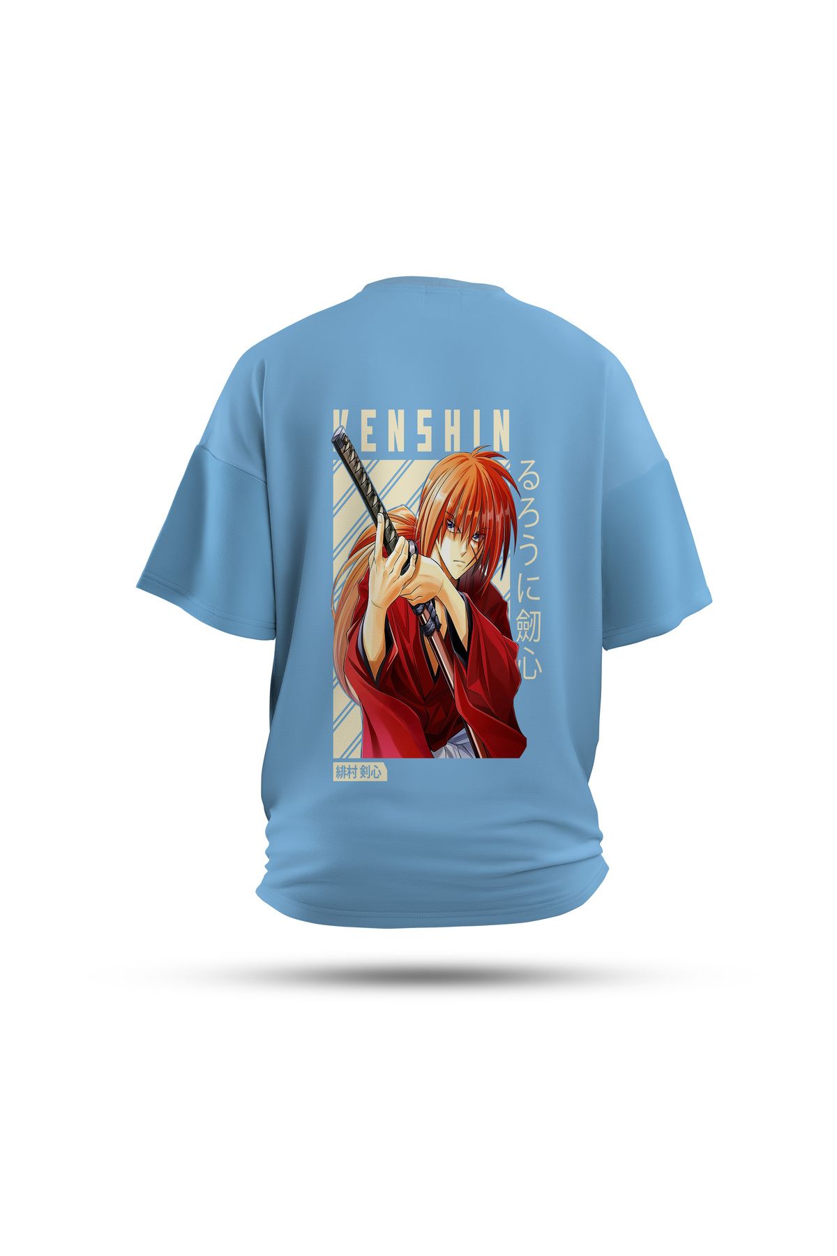 Zestia Unisex T-Shirt, Samurai X Anime Sırt Baskılı, Regular, %100 Pamuk, Mavi T-Shirt No: 00140