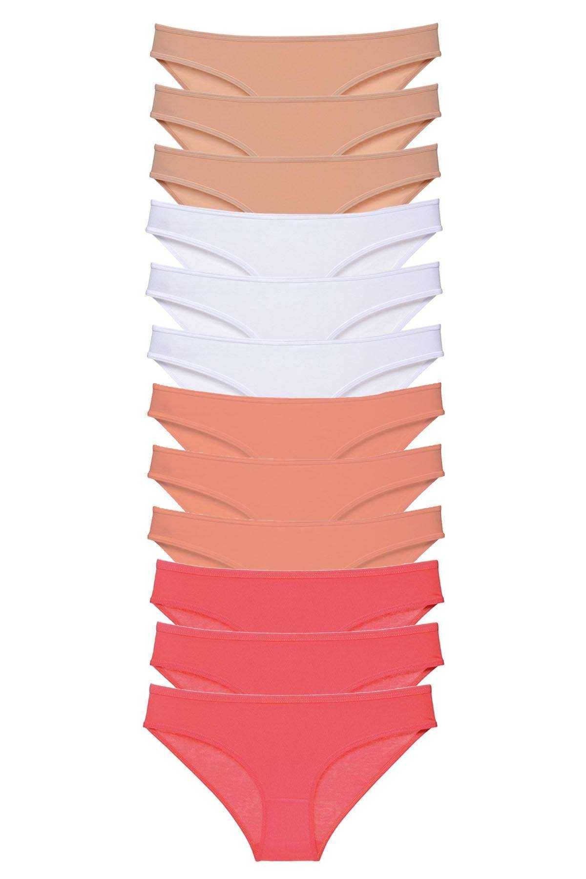 Shop58 12 adet Süper Eko Set Likralı Kadın Slip Külot Ten Beyaz Pudra Fuşya