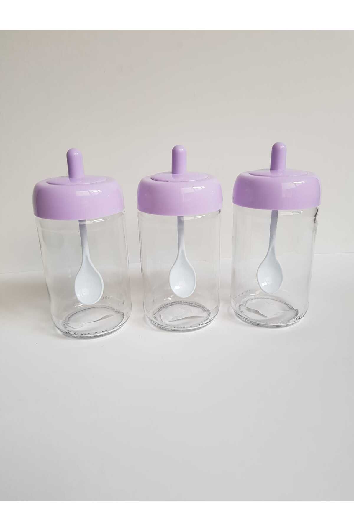 abenim 3 Adet Lila Kendinden Kaşıklı Baharatlık Seti - 330 ml - Cam Kavanoz