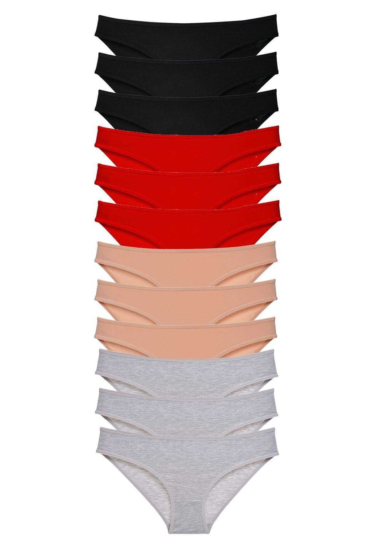 Shop58 12 adet Süper Eko Set Likralı Kadın Slip Külot Siyah Kırmızı Ten Gri