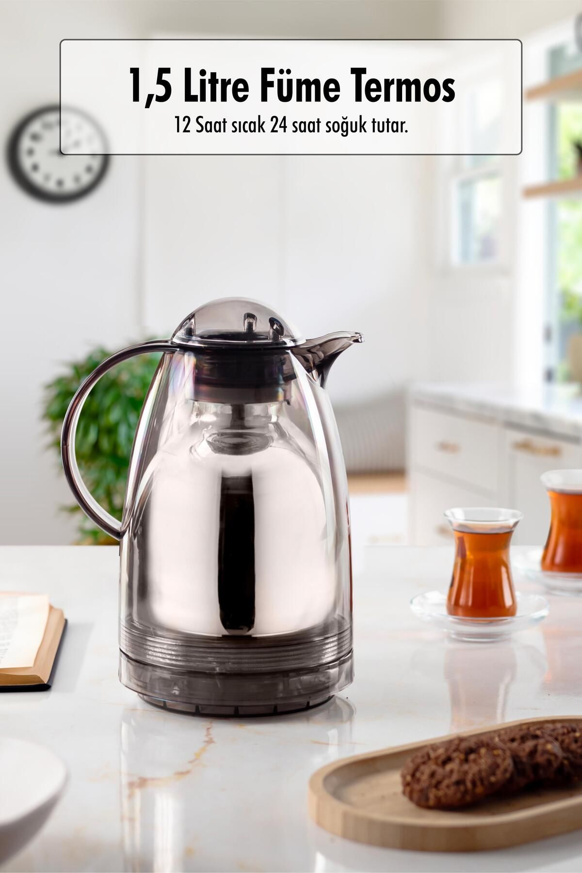 Shop58 1.5 LT Isı Yalıtımlı Çay Ve Soğuk Su Termosu Füme (12 Saat Sıcak Tutar& İçi Camdır)
