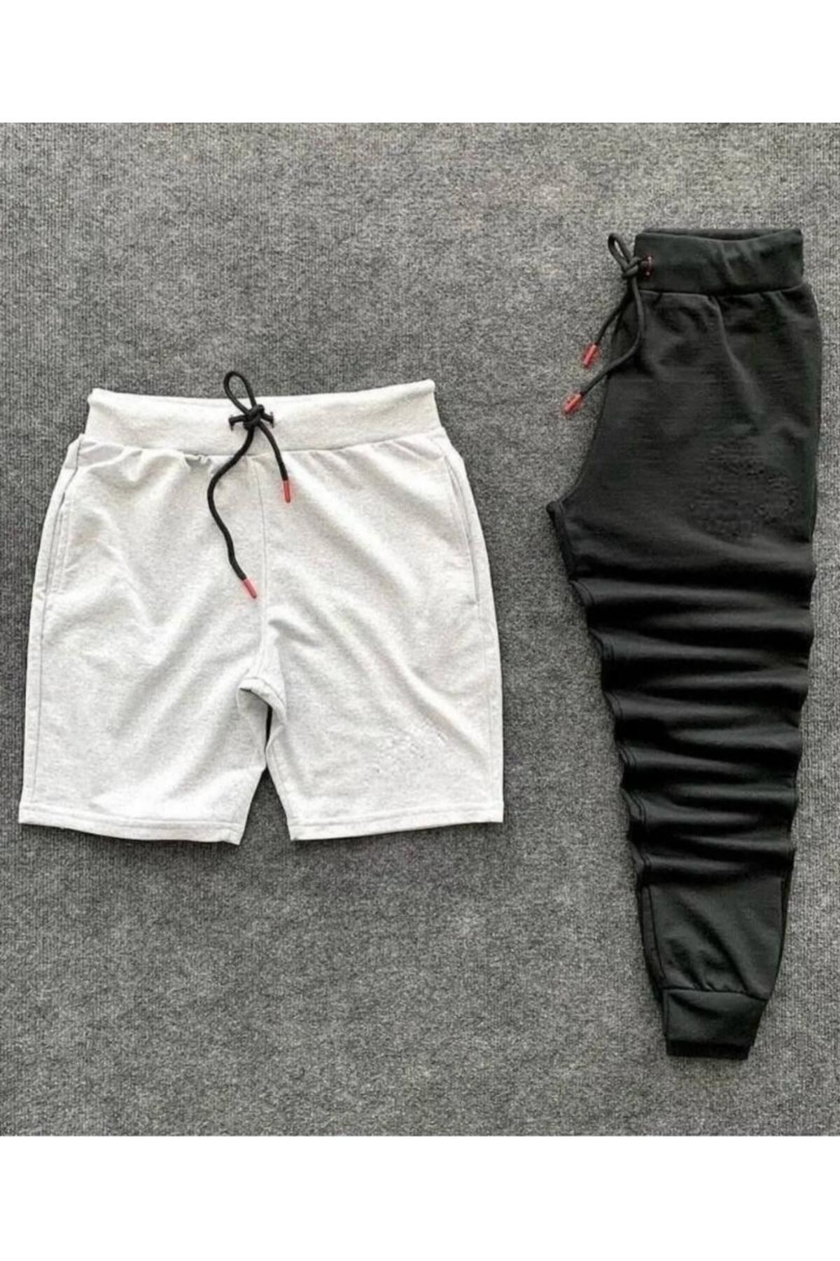 woonkey UNISEX SİYAH VE GRİ BASKILI BEL LASTİKLİ EŞOFMAN ŞORT 2 'Lİ TAKIM