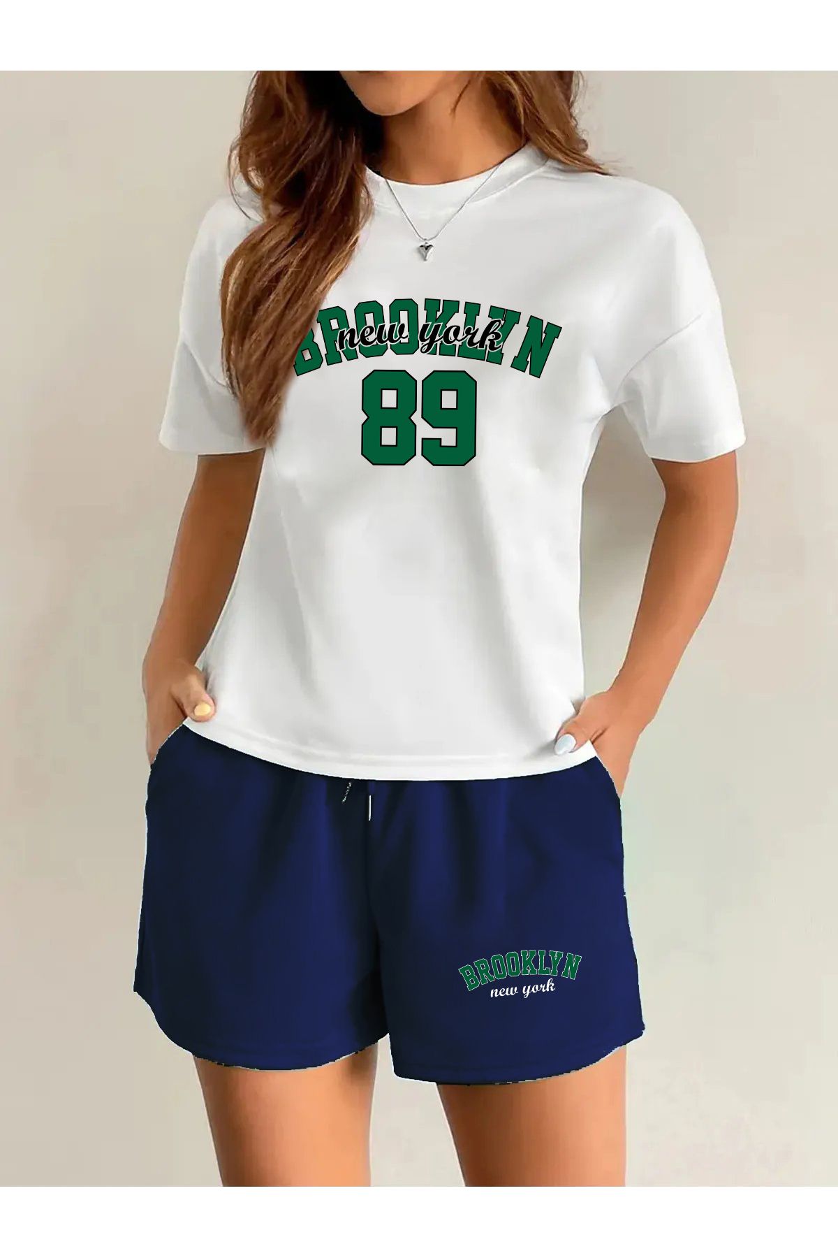 darkopia Kadın Brooklyn New York 89 Baskılı Özel Tasarım Oversize Tshirt Ve Şort Alt -Üst Takım