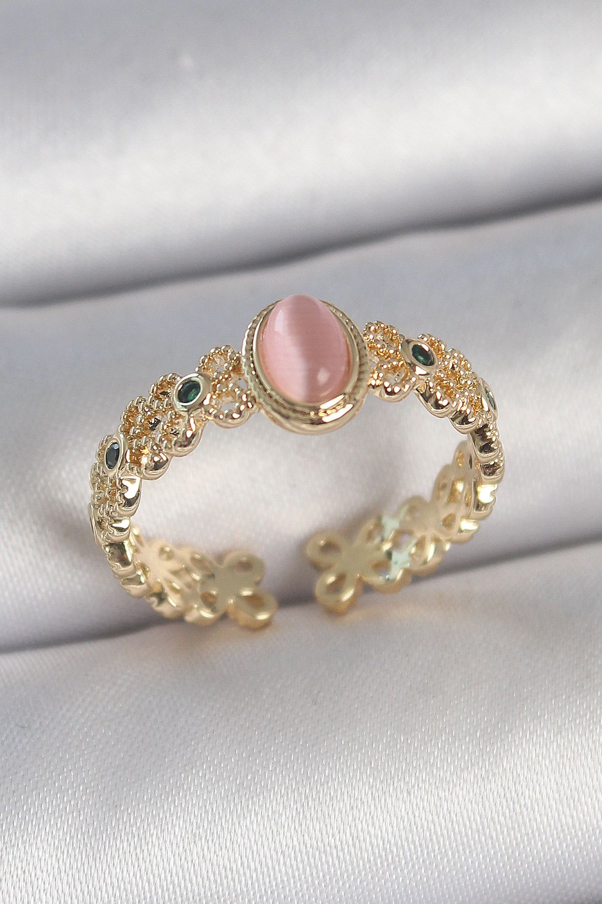 STYLE OF CARMEN Pirinç Gold Renk Zirkon Taş Detaylı Pembe Mineli Damla Model Ayarlanabilir Kadın Yüzük