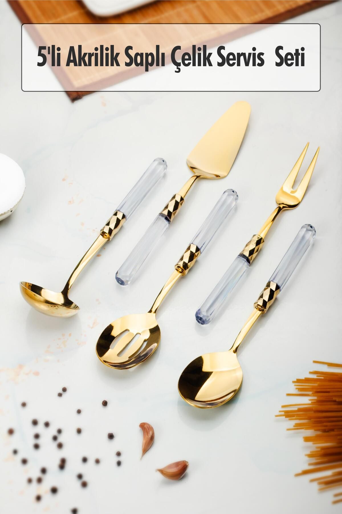 Shop58 5 Parça Gold Servis Seti & Servis Sunum Seti Şeffaf ( Kepçe / Kevgir / Sıpatula / Çatal / Kaşık )
