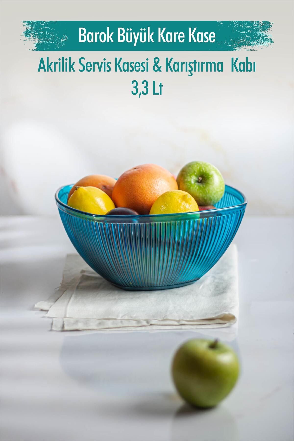 Shop58 Akrilik Barok Aquamarin Büyük Kare Meyve & Salata Kasesi & Karıştırma Kabı / 3,3 Lt (CAM DEĞİLDİR)