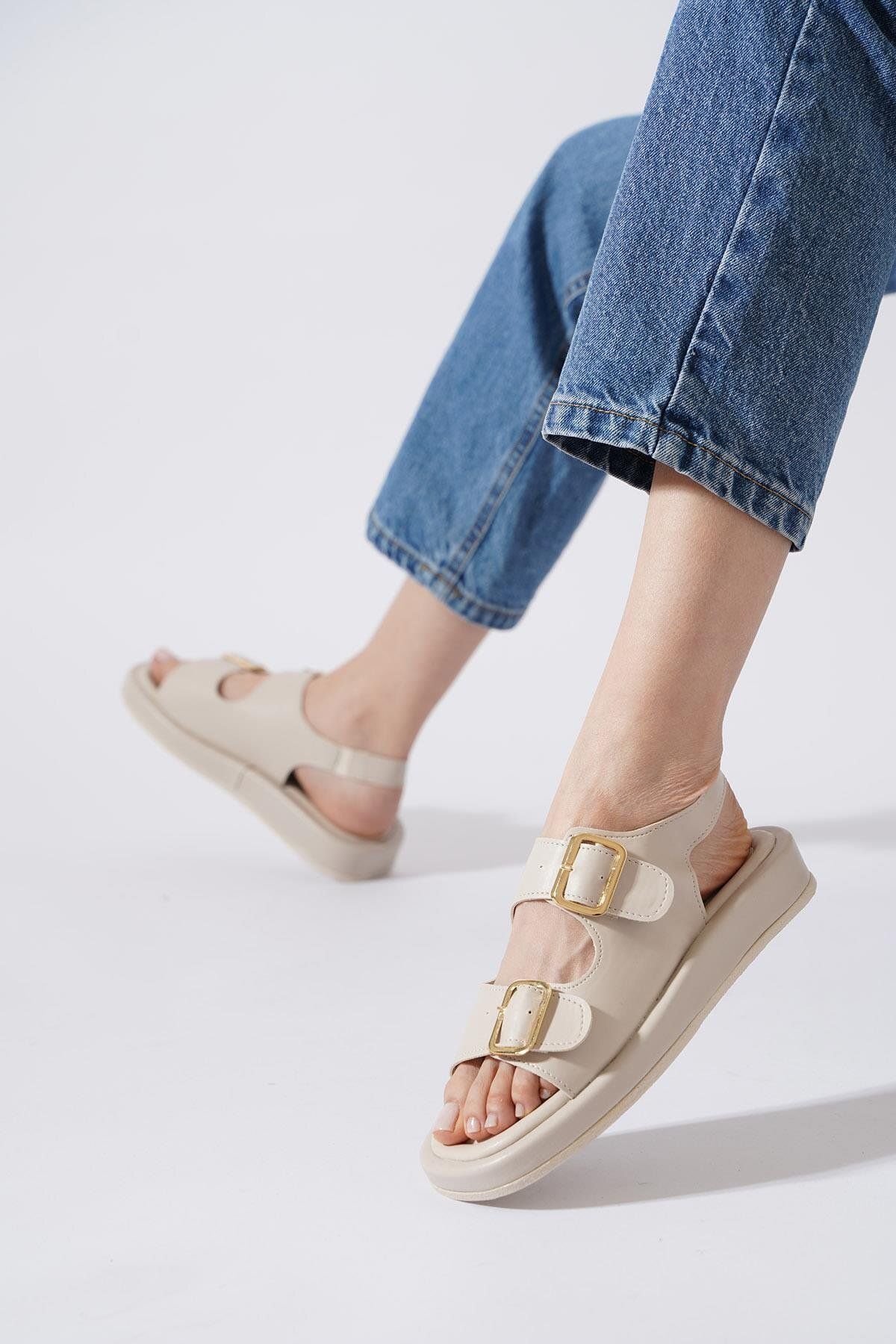 Moda Pie Staler Arka Lastikli Çift Toka Kadın Sandalet Bej Cilt