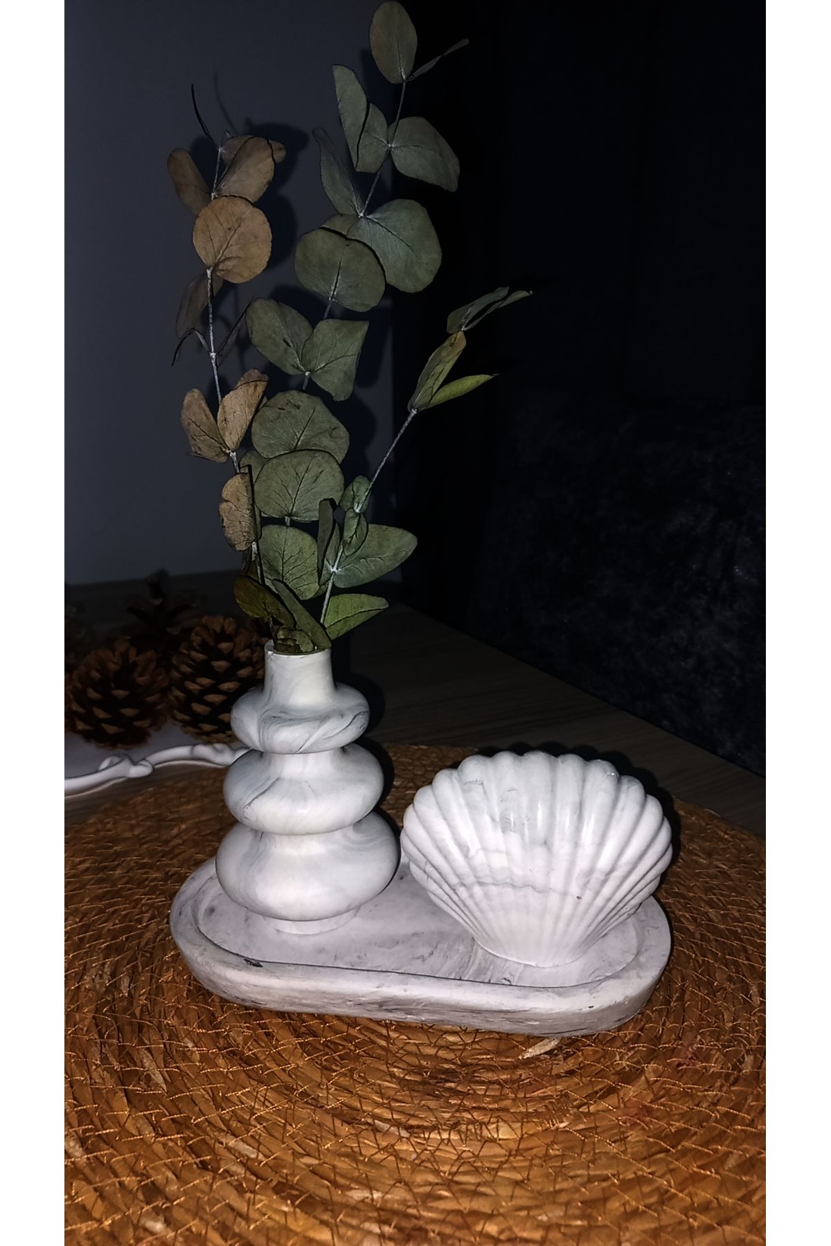 Home 3 lü dekoratif mermer desenli set vazo istiridye biblo ve stant