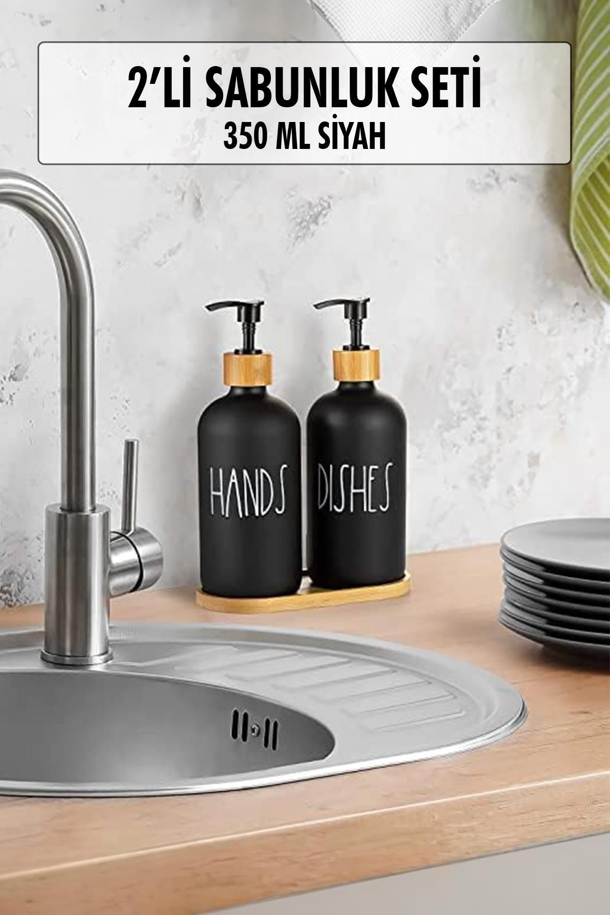 Shop58 2 Li Bambu Altlıklı Sıvı Sabunluk Seti Siyah