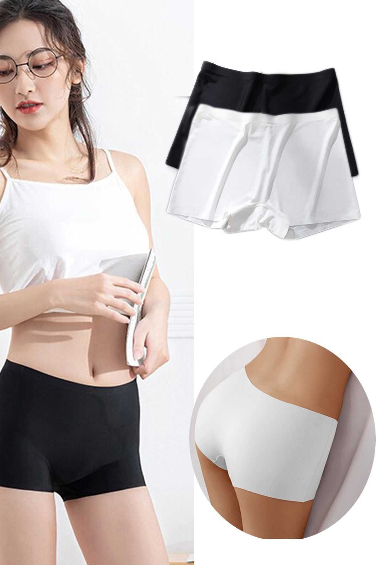 Shop58 2 Adet Kadın Dikişsiz Görünmez İz Yapmaz Mini Şort Boxer Siyah Beyaz