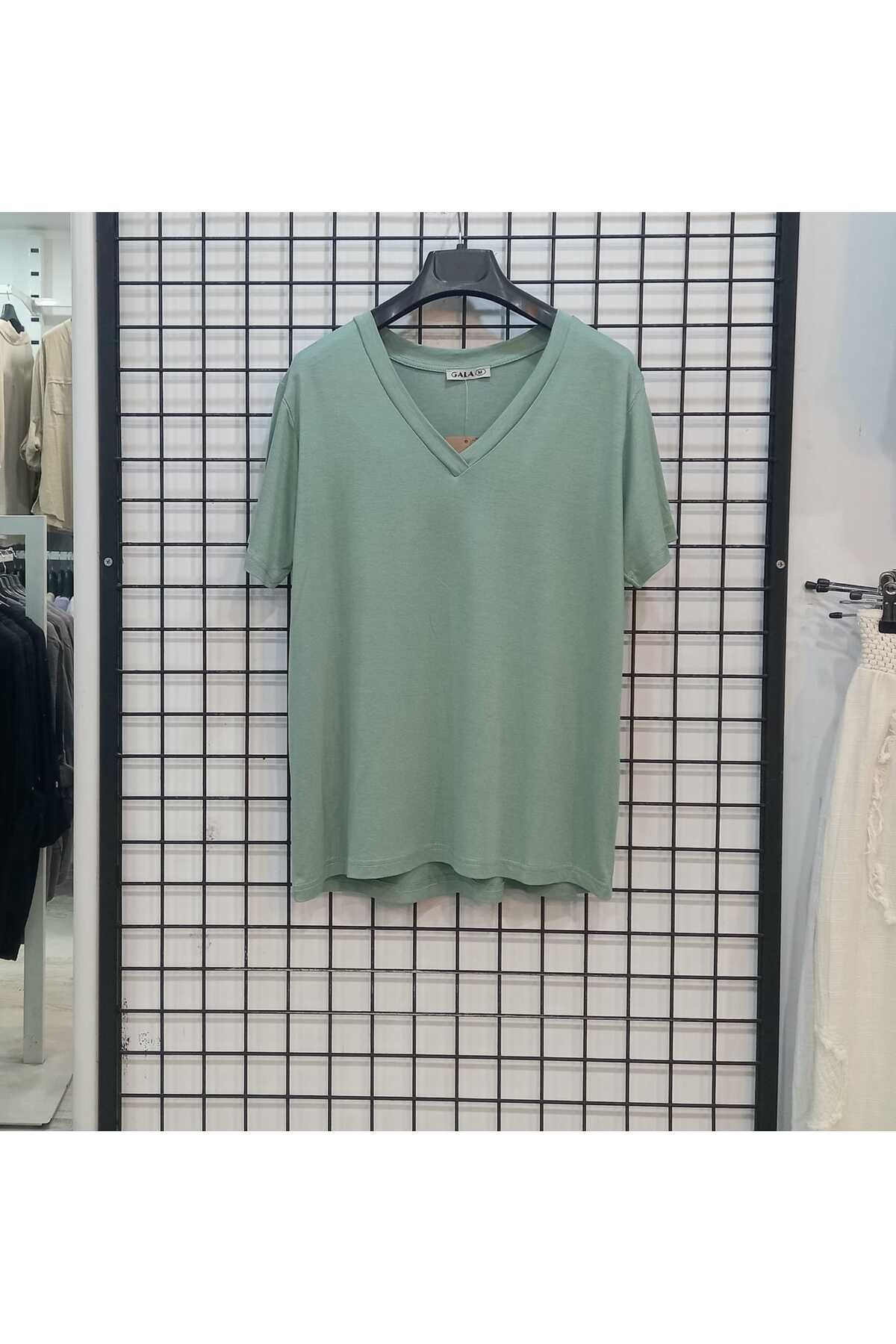 Butik Şans Kısa Kollu V Yaka Viskon Penye Basic T-Shirt