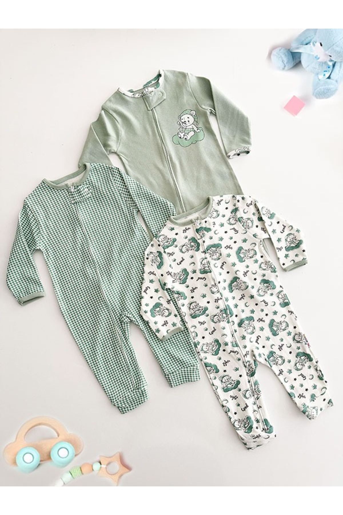 DEFNE LİNA BABY Unisex Bebek Desenli Fermuarlı 3lü Tulum 9-12-18 ay 3'lü Pamuklu 3 Parça