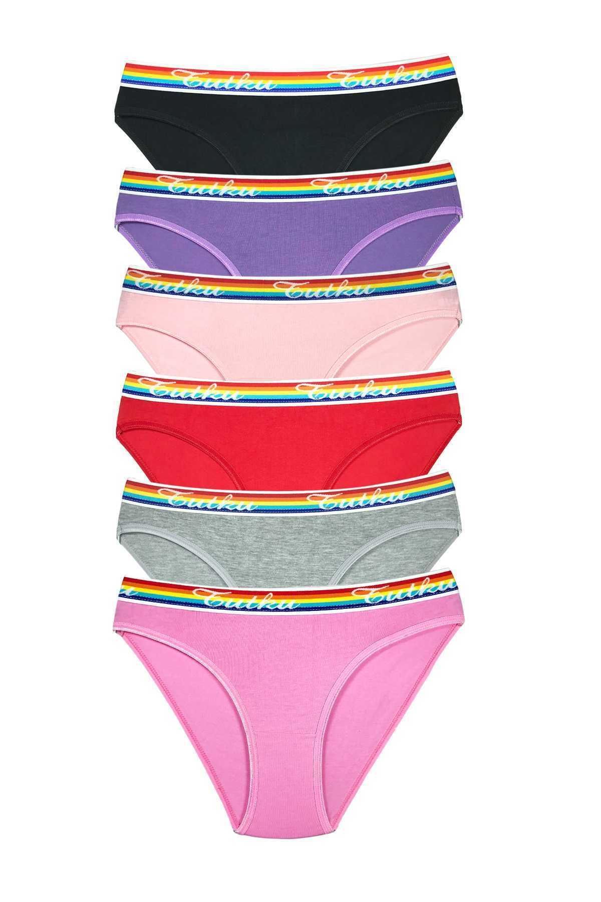 Shop58 6 Adet Beli Renkli Lastik Pamuklu Kadın Slip Tutku Külot