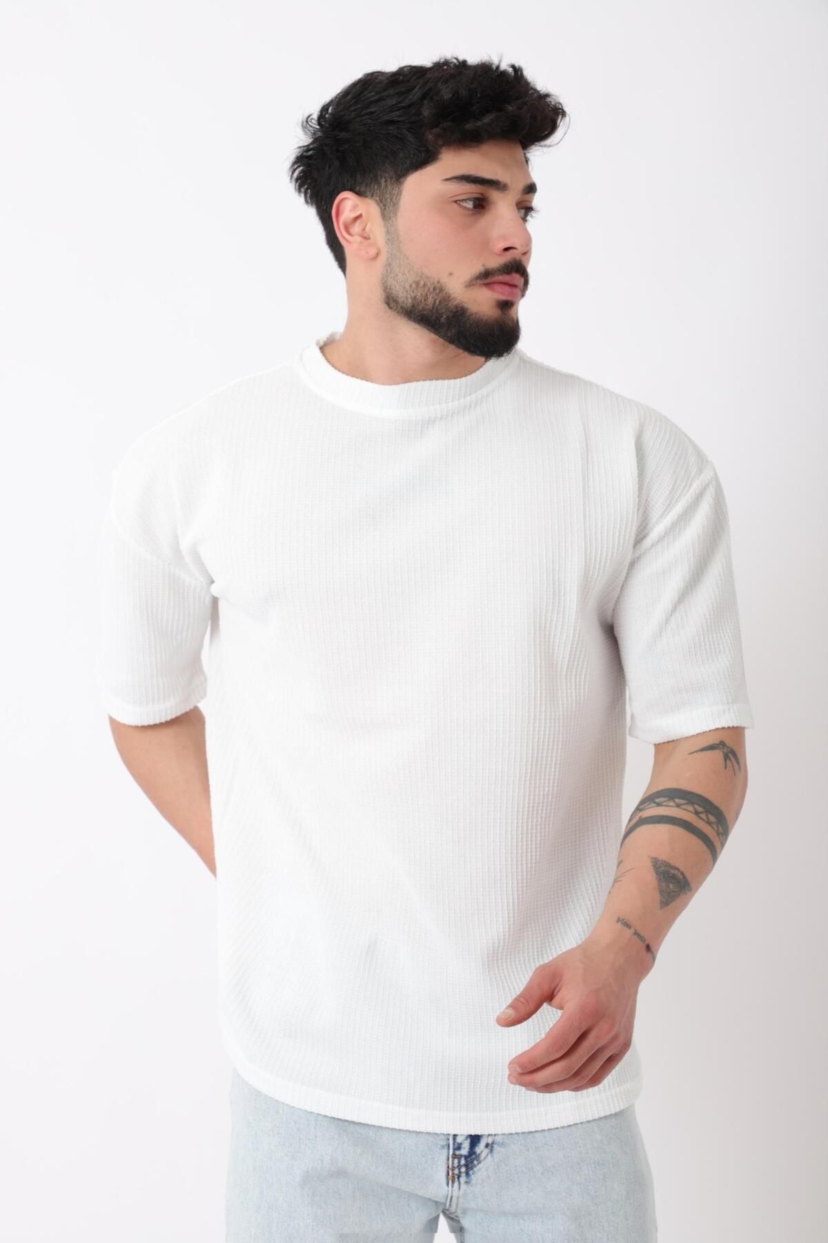 Stilkombin Petekli Model Bisiklet Yaka Oversize Tişört STU-2468_30462