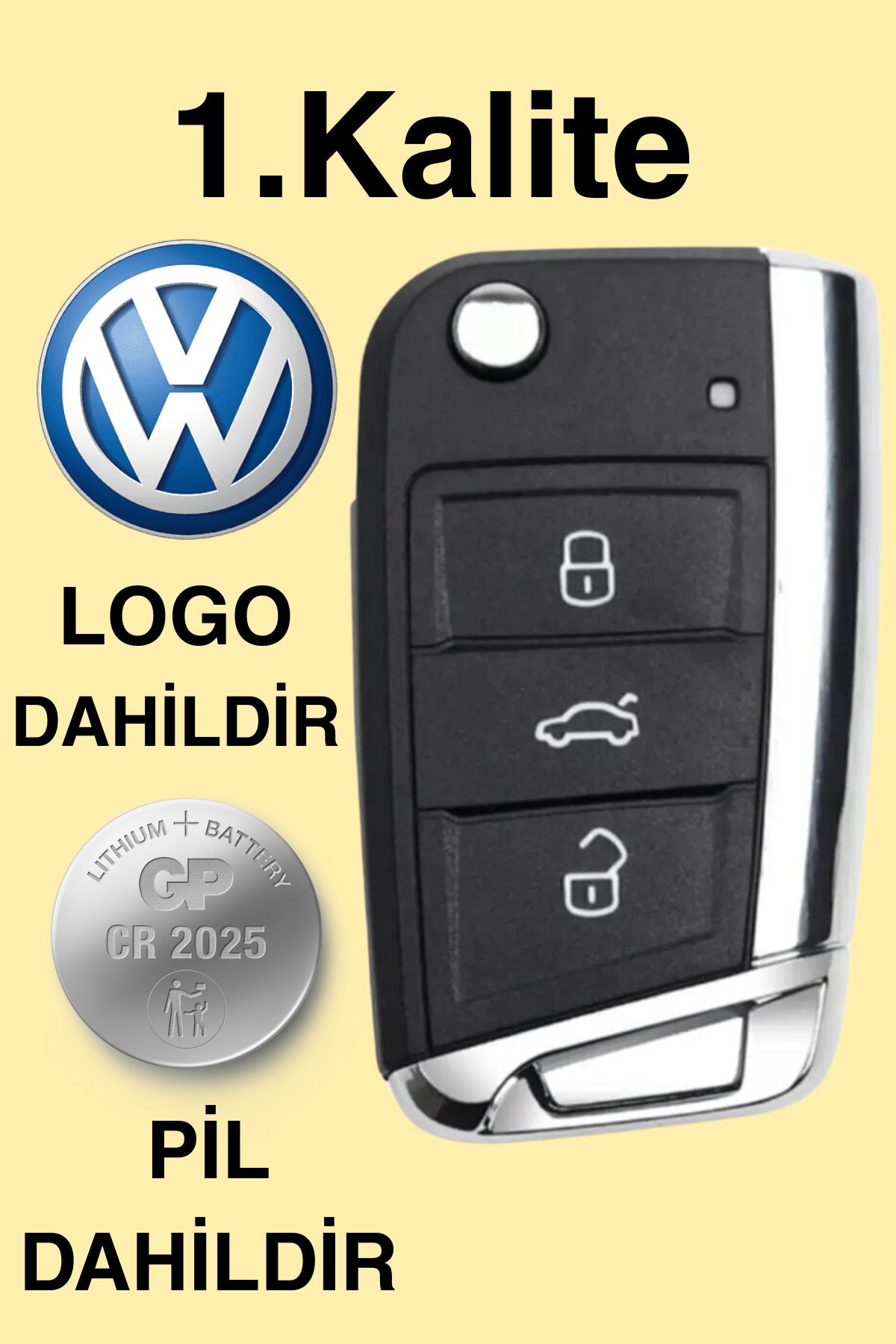 AlGeliyo Volkswagen Polo - Golf 7 - Skoda - Seat 3 Butonlu Sustalı Kumanda Kabı (KROM) 1.Kalite Pil Logo Var