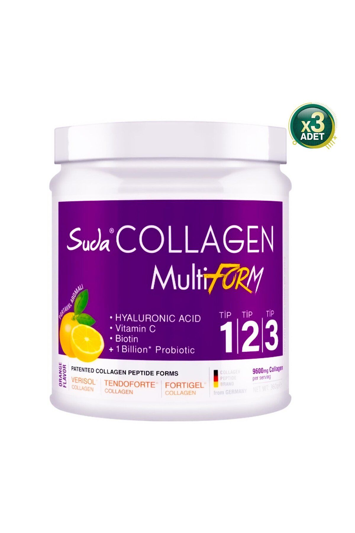 Suda Collagen Multiform Portakal Aromalı Kolajen 360gr - 9600 mg Hidrolize Collagen Peptit - 3 Adet
