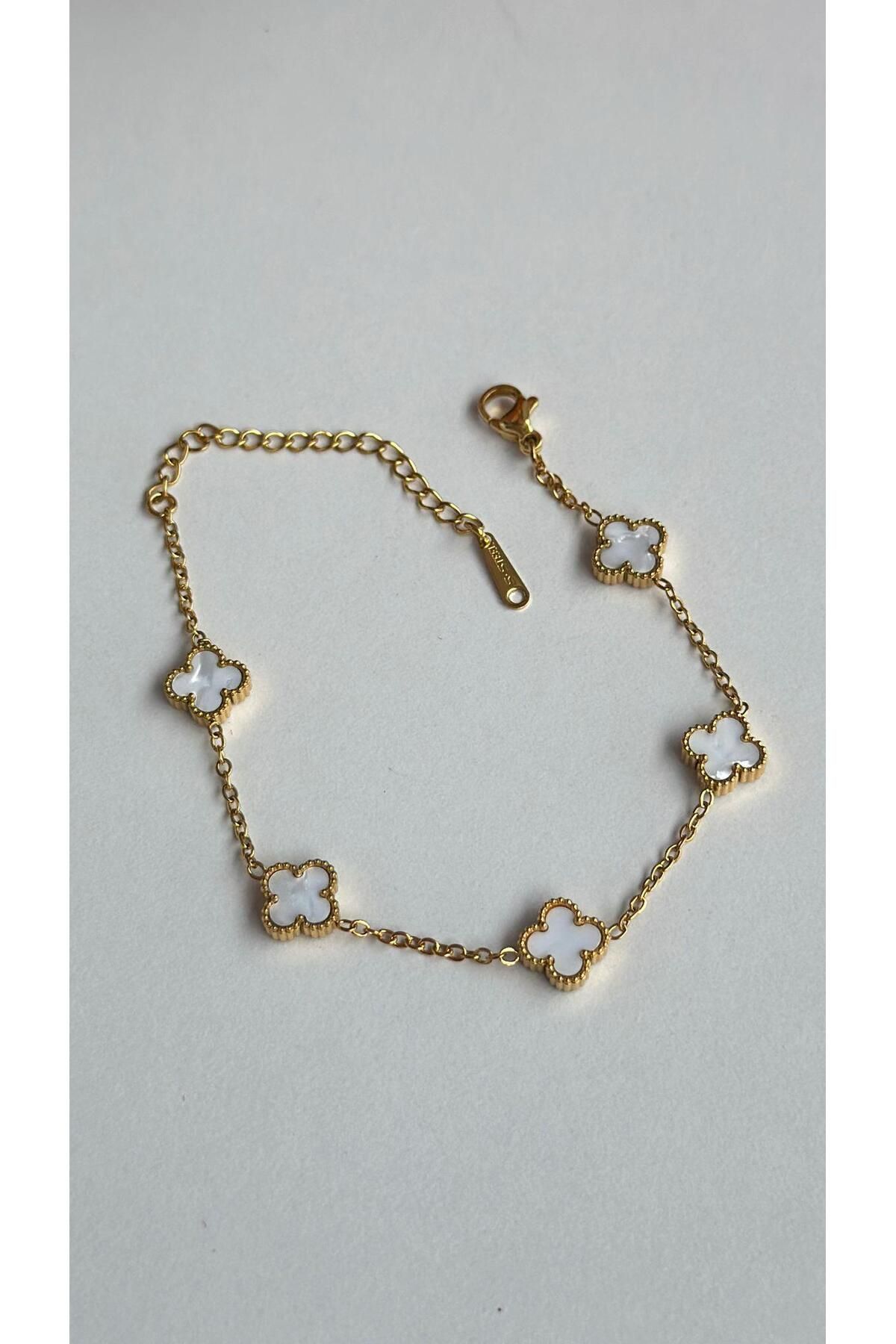 modayışığı Mini Yonca Çelik Bileklik Gold Beyaz Renk